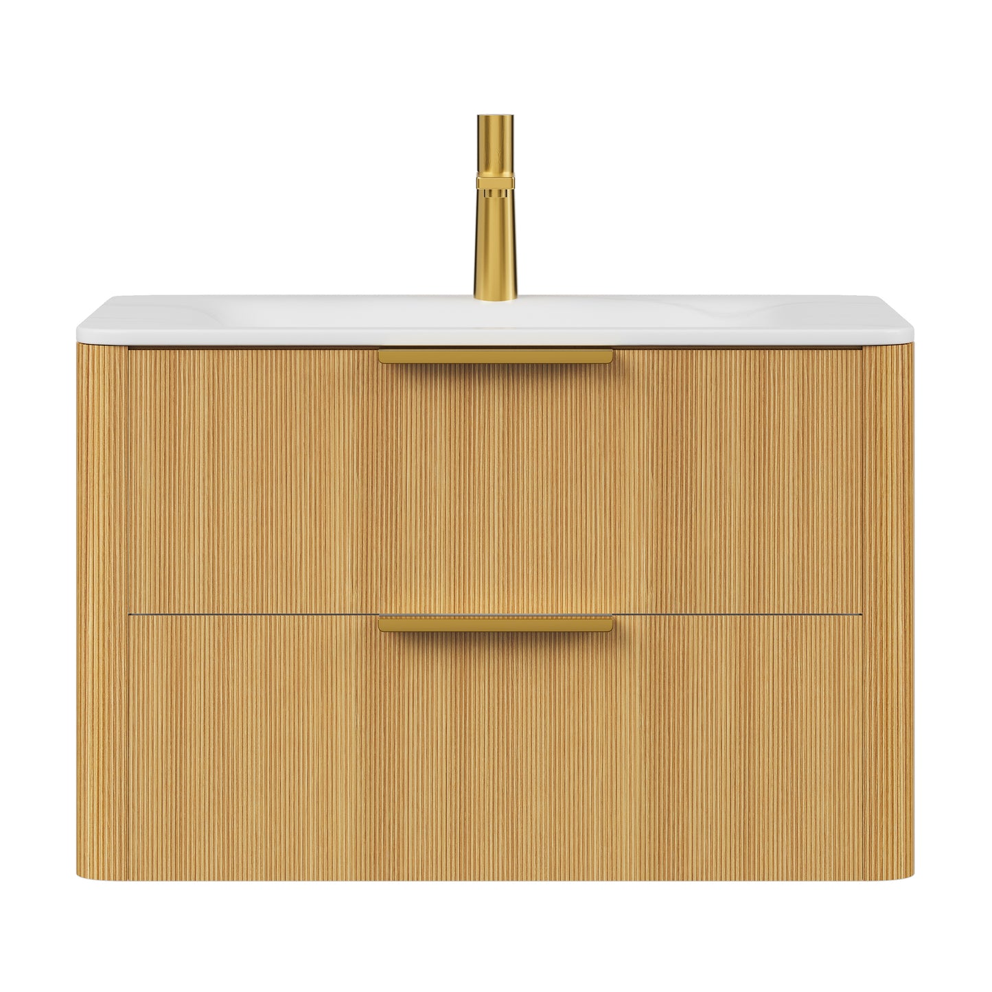 ZANE 36" Badezimmer-Waschtisch mit Waschbecken, schwebender Aufbewahrungsschrank aus Sperrholz mit ultra-Nadelstreifen und Schubladen, helle natürliche Holzmaserung