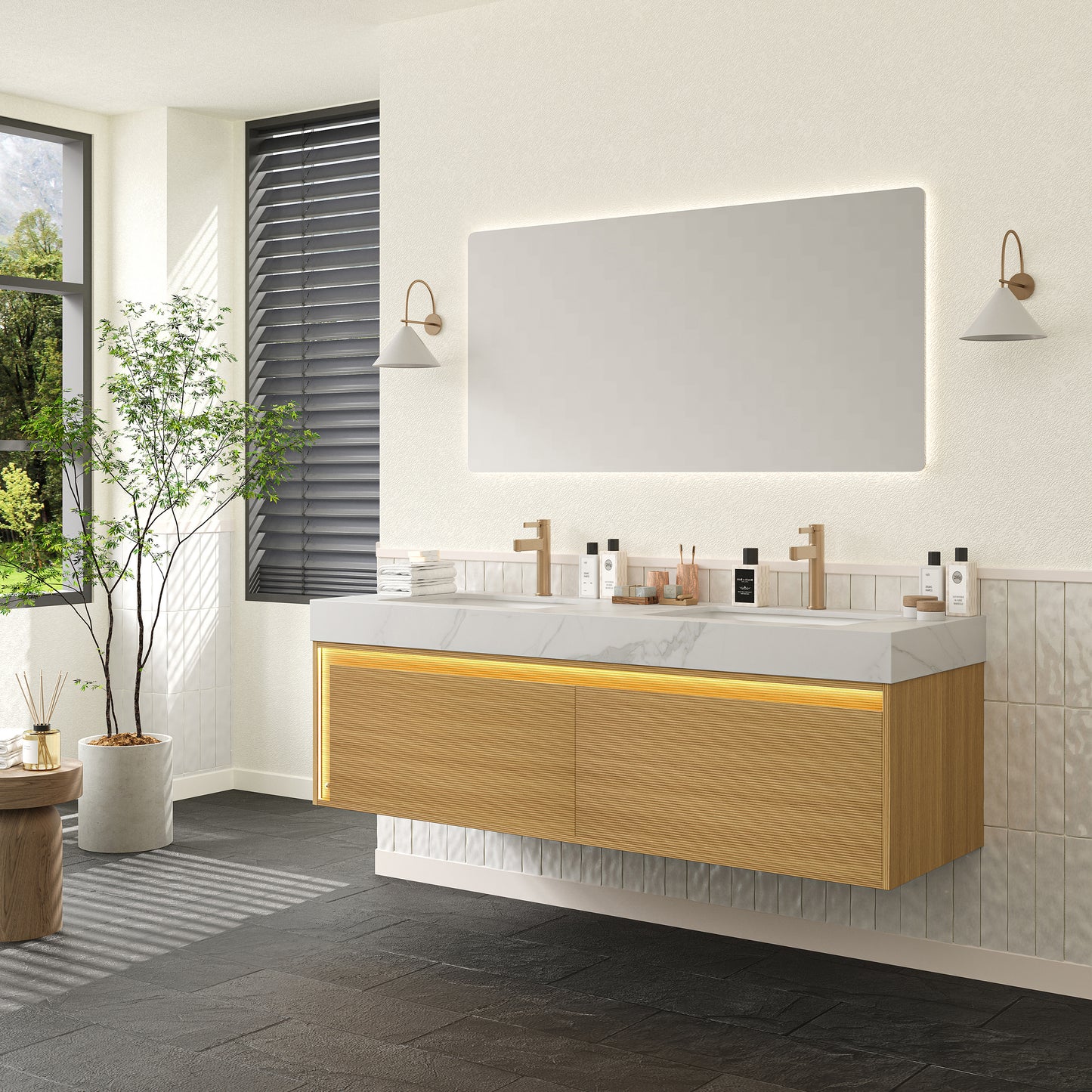 NYAH 60'' Bathroom Vanity&Sinks, Floating Ultra-Slim Grille Plywood Storage Cabinet, Carrara White