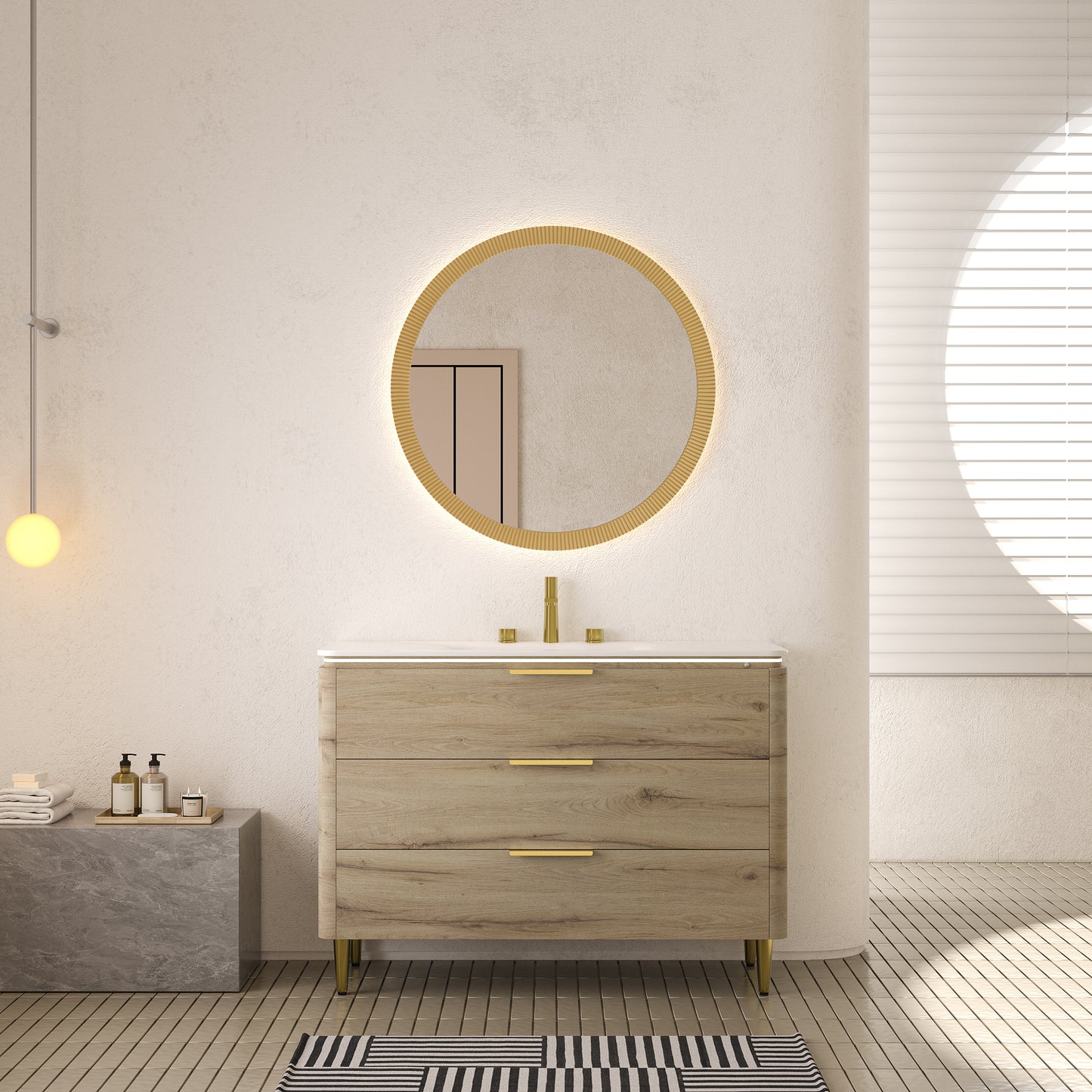 AMARA 36'' Bathroom Vanity with Sink, Freestanding Curved Edges Plywood Bathroom Storage Cabinet with 3 Drawers, Carrara White Sintered Stone Integrated Basin,