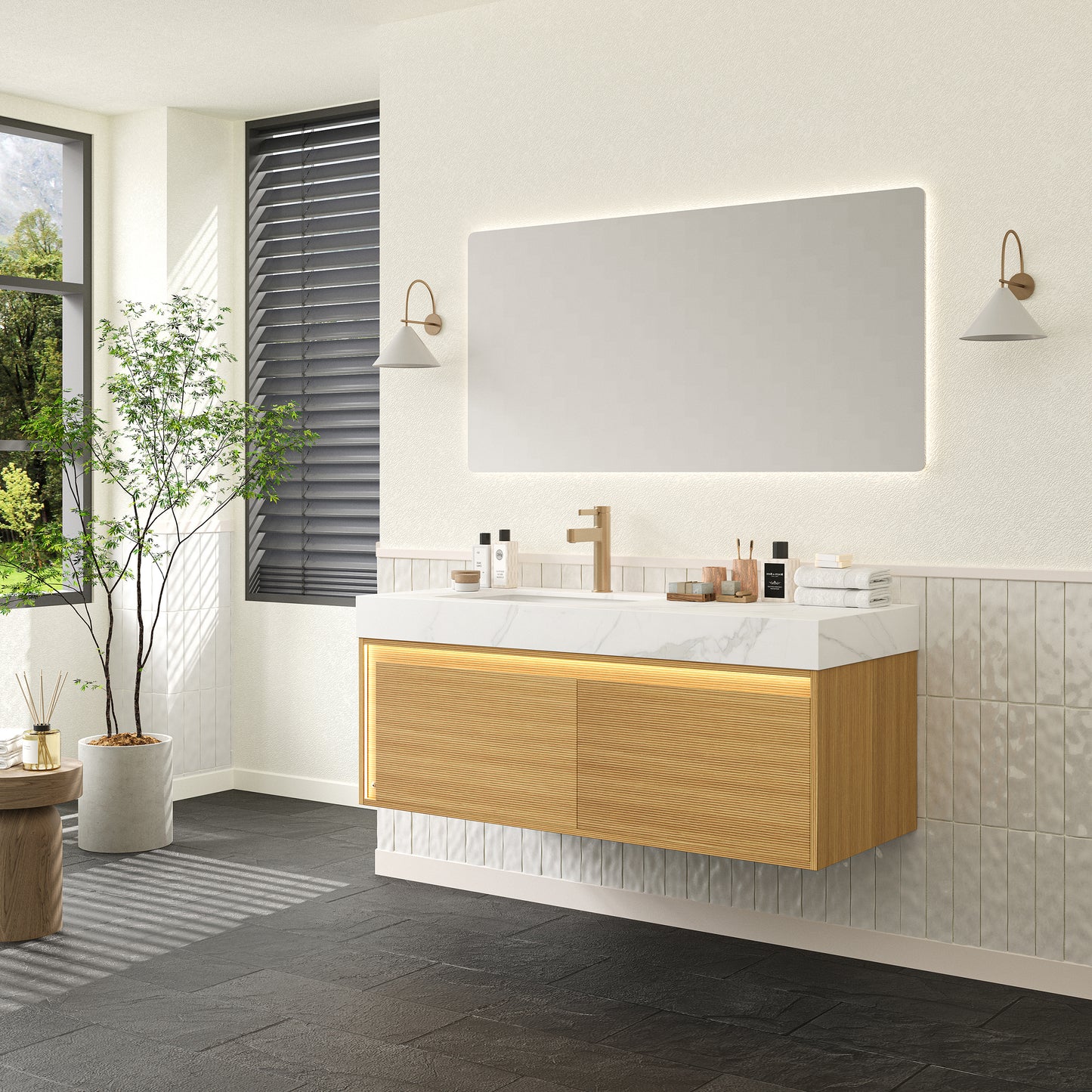 NYAH 60'' Bathroom Vanity&Sinks, Floating Ultra-Slim Grille Plywood Storage Cabinet, Carrara White