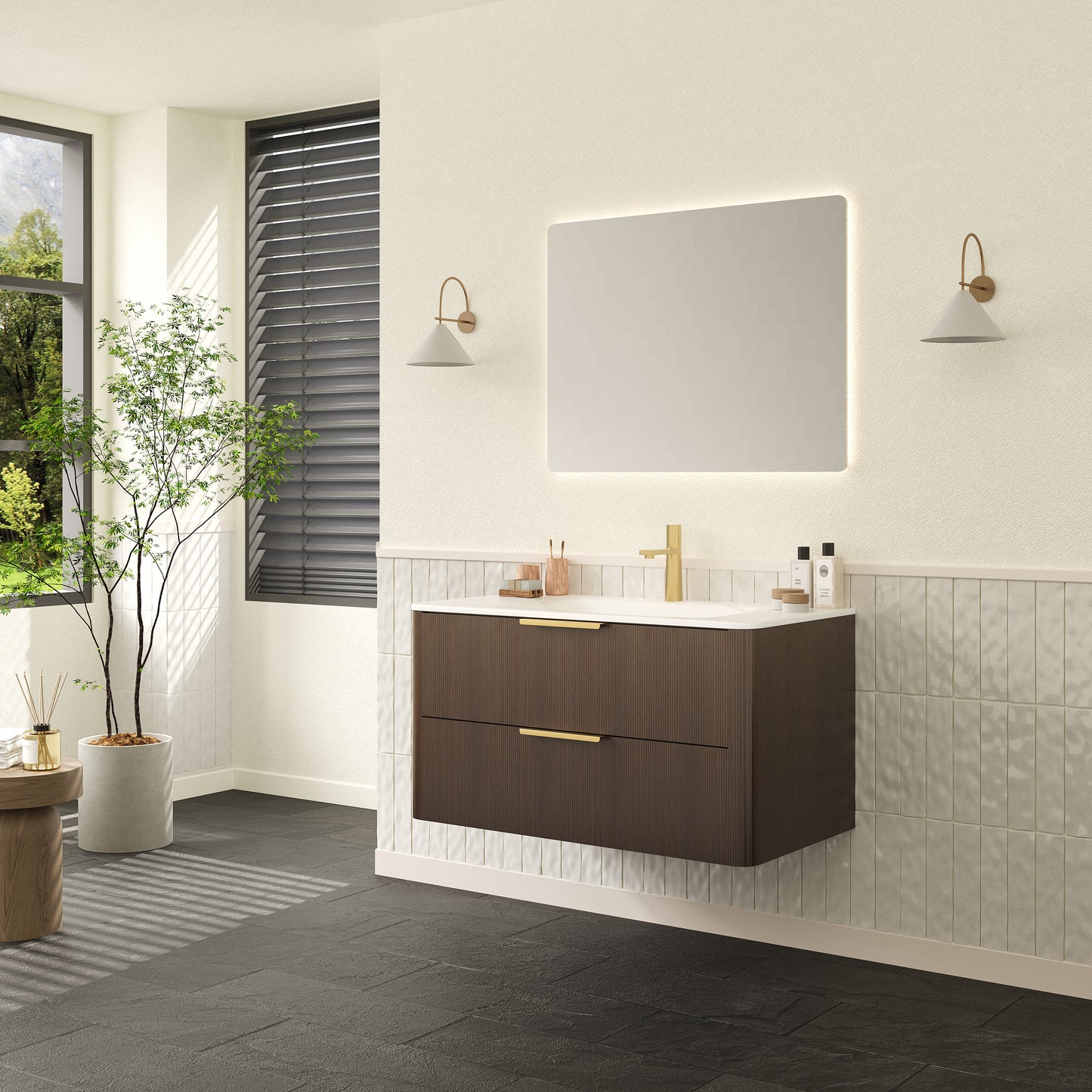 ZANE 30 Badezimmer-Waschtisch mit Waschbecken, schwebender Aufbewahrungsschrank aus Sperrholz mit ultra-Nadelstreifen und Schubladen, italienische Walnussholzmaserung