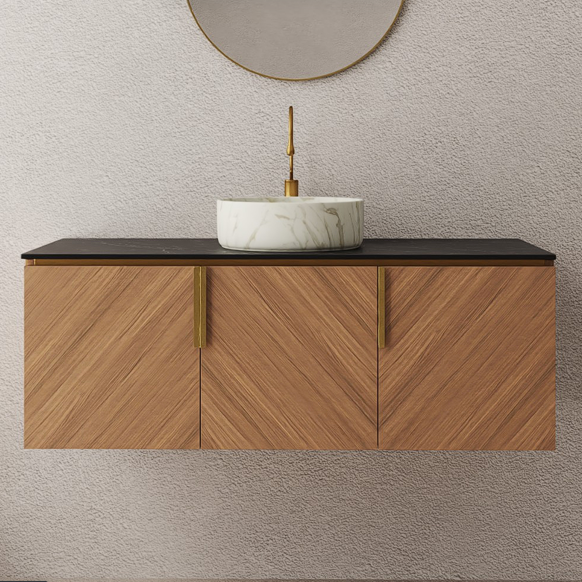 ARAI 36" Bathroom Vanity&Sink, Wall-Mounted Plywood Bathroom Storage Cabinet with Double Doors, Black Sintered Stone Countertop&White Round Ceramic Basin with Stone Pattern, Brown Oak Woodgrain Color