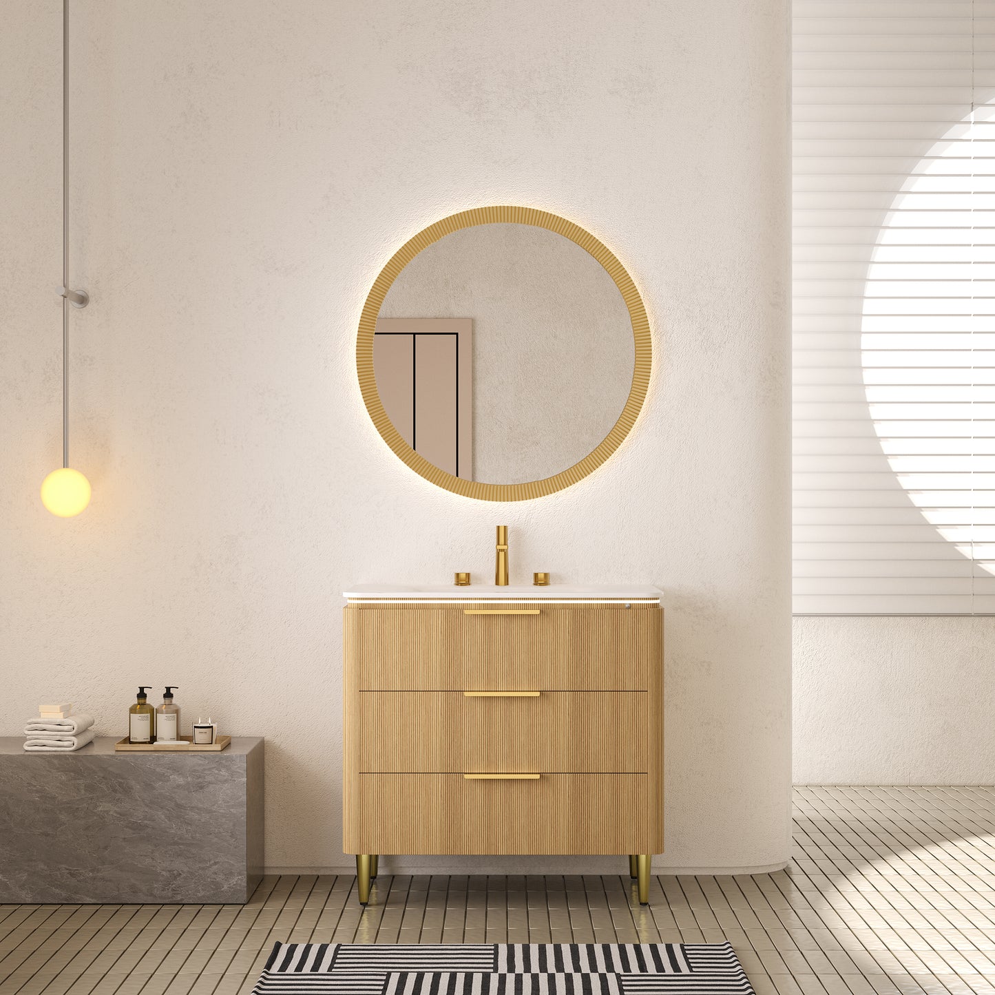 AMARA 36'' Bathroom Vanity&Sink, Freestanding Curved Edges Ultra-Slim Grille Plywood Storage Cabinet, 3 Drawers, Carrara White Sintered Stone Integrated Basin