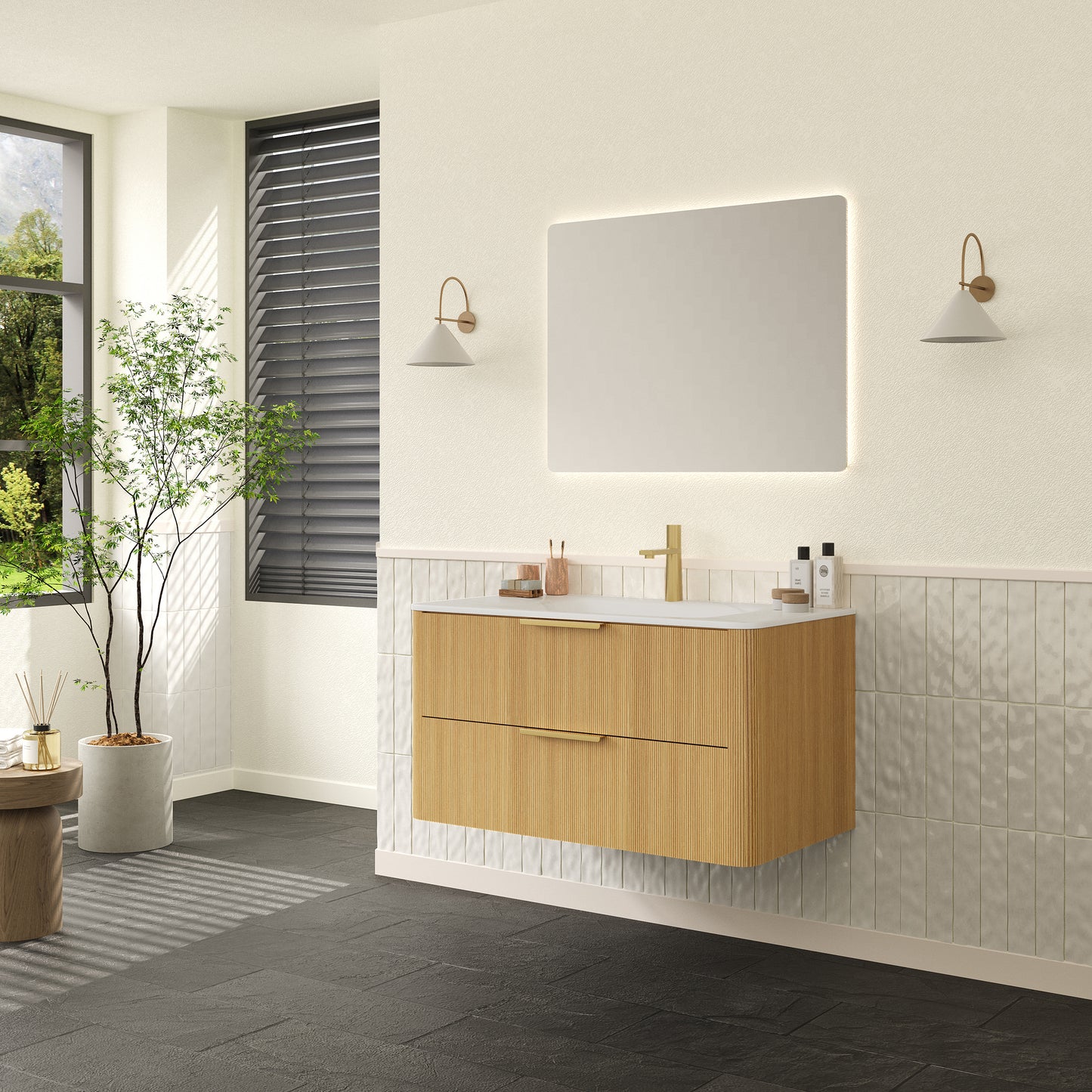 ZANE 36" Badezimmer-Waschtisch mit Waschbecken, schwebender Aufbewahrungsschrank aus Sperrholz mit ultra-Nadelstreifen und Schubladen, helle natürliche Holzmaserung