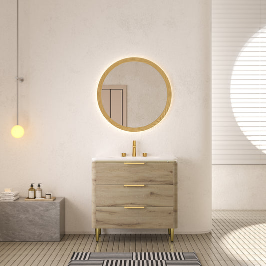 AMARA 36'' Bathroom Vanity with Sink, Freestanding Curved Edges Plywood Bathroom Storage Cabinet with 3 Drawers, Carrara White Sintered Stone Integrated Basin,