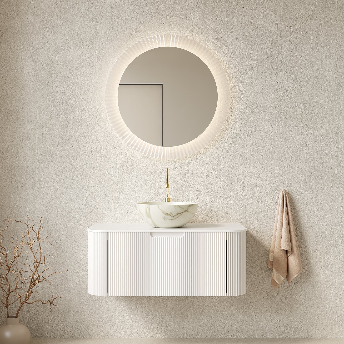 DINA 24" Bathroom Vanity&Sink, Floating Curved Edges Striped Storage Cabinet with Drawer, Matte Stone White Bowl Ceramic Basin&Carrara White Sintered Stone Top, Pre-assembled, White Color