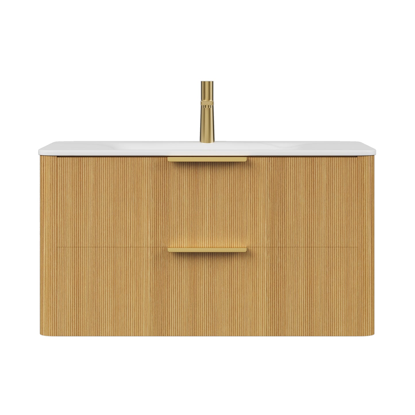 ZANE 36" Badezimmer-Waschtisch mit Waschbecken, schwebender Aufbewahrungsschrank aus Sperrholz mit ultra-Nadelstreifen und Schubladen, helle natürliche Holzmaserung