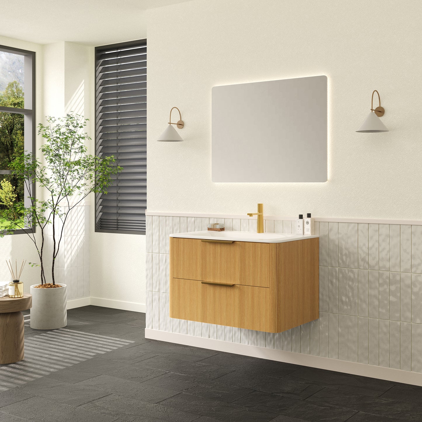 ZANE 36" Badezimmer-Waschtisch mit Waschbecken, schwebender Aufbewahrungsschrank aus Sperrholz mit ultra-Nadelstreifen und Schubladen, helle natürliche Holzmaserung