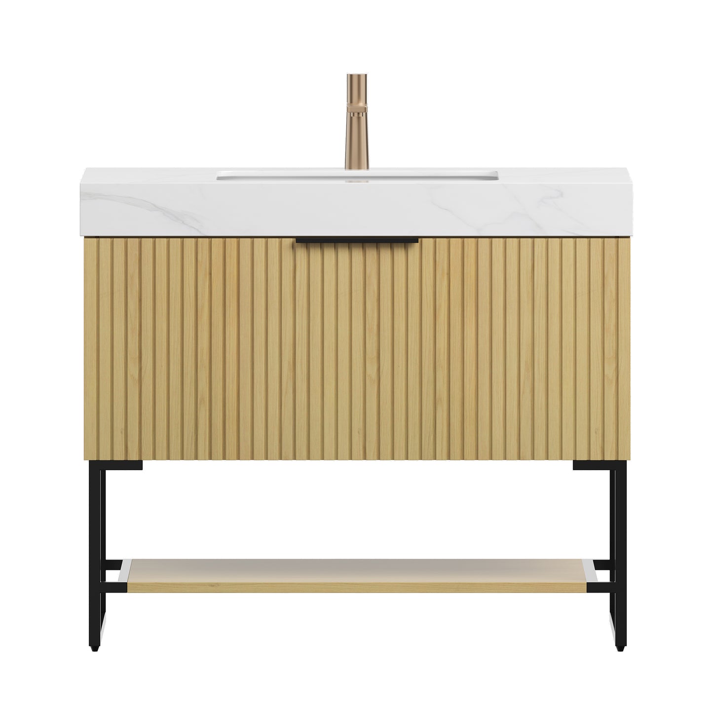 YOLAN 36" Badezimmer-Waschtisch und Waschbecken, freistehender gestreifter Sperrholz-Aufbewahrungsschrank mit Schublade und offenem Regal, Carrara-Weiß, Corolla-Eiche 