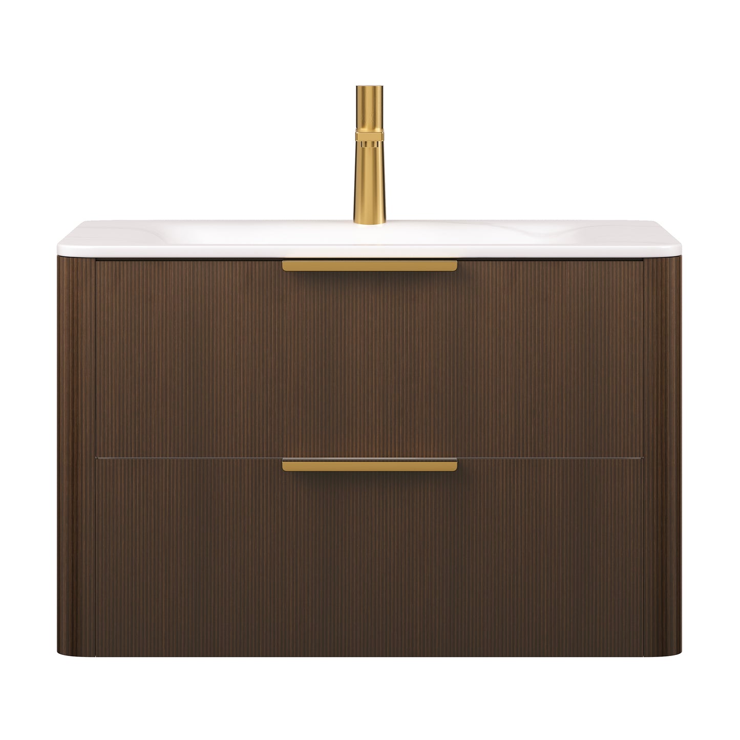 ZANE 30 Badezimmer-Waschtisch mit Waschbecken, schwebender Aufbewahrungsschrank aus Sperrholz mit ultra-Nadelstreifen und Schubladen, italienische Walnussholzmaserung