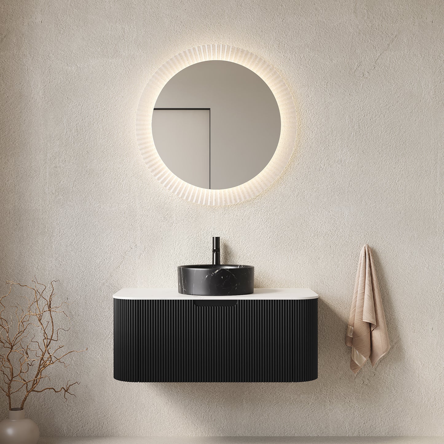 DINA 60" Bathroom Vanity&Sinks, Floating Curved Edges Striped Storage Cabinet with 2 Drawers, 2 Stone Black Round Ceramic Basins&Carrara White Sintered Stone Top, Pre-assembled, Black Color
