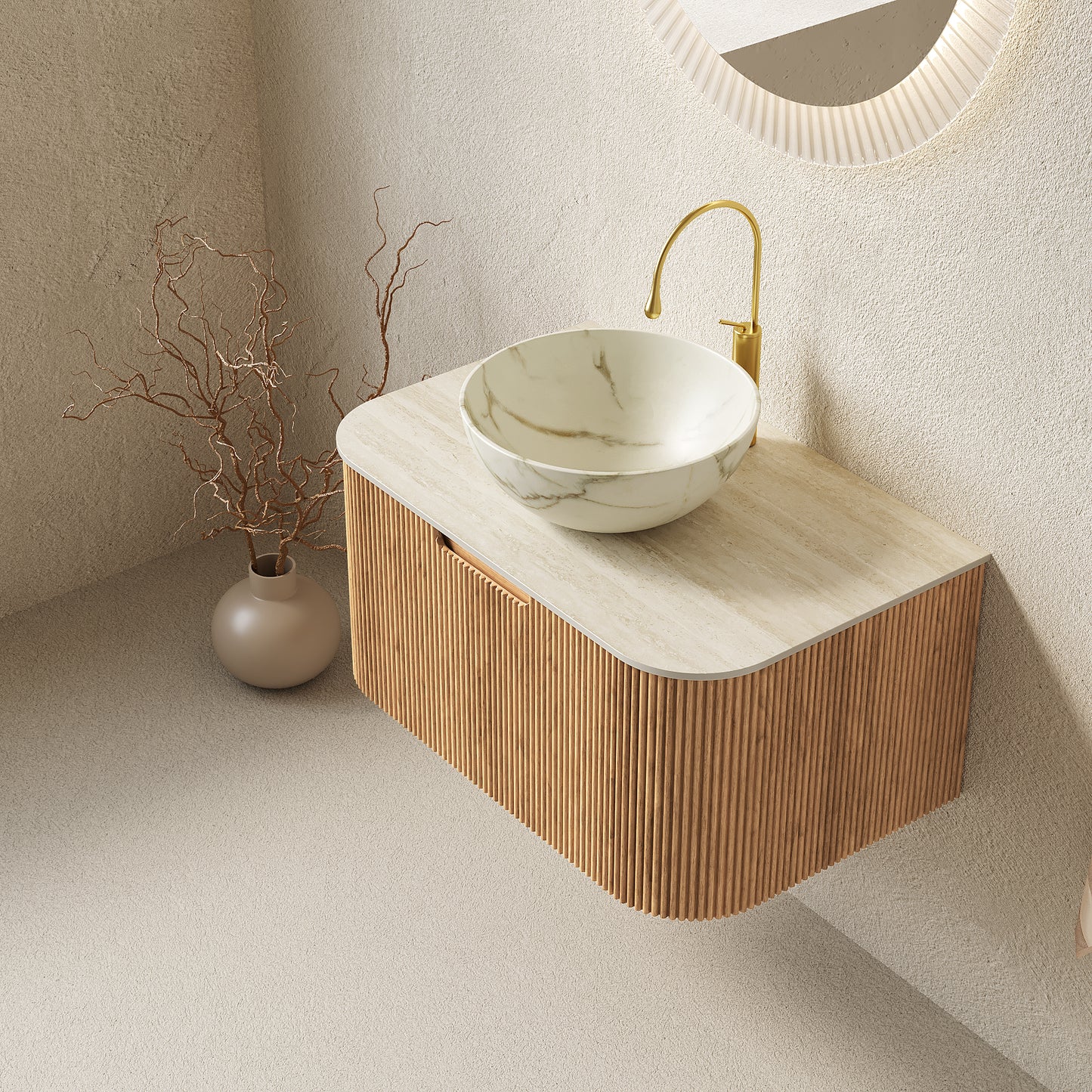 DINA Bathroom Vanity&Sinks, Floating Curved Edges Striped Storage Cabinet, Natural Woodgrain
