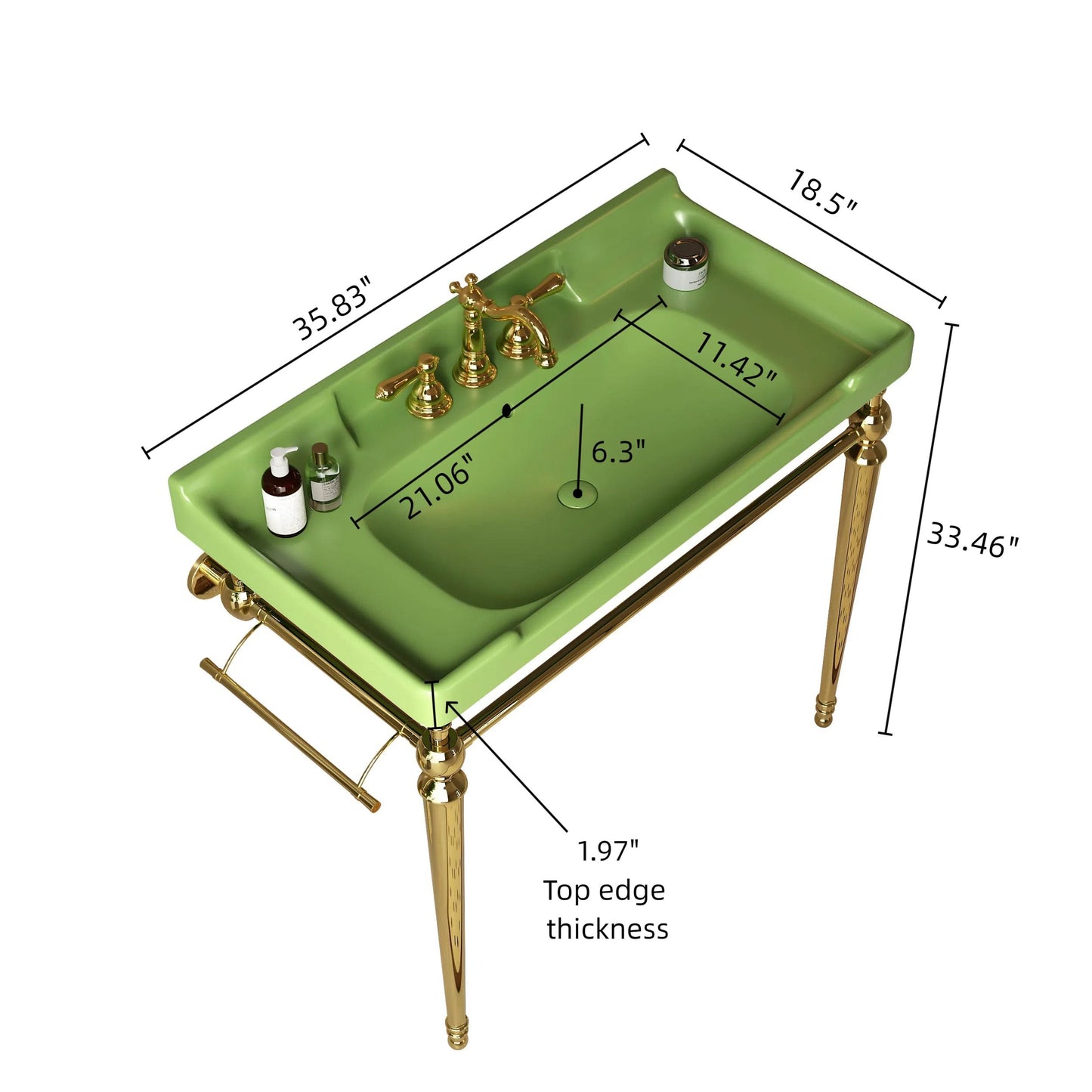 VICI 36" Bathroom Console Sink, Wall-Mounted Green Ceramic Vanity Basin with 3 Pre-drilled Faucet Holes, Freestanding Stainless Steel Support Legs with Towel Bar