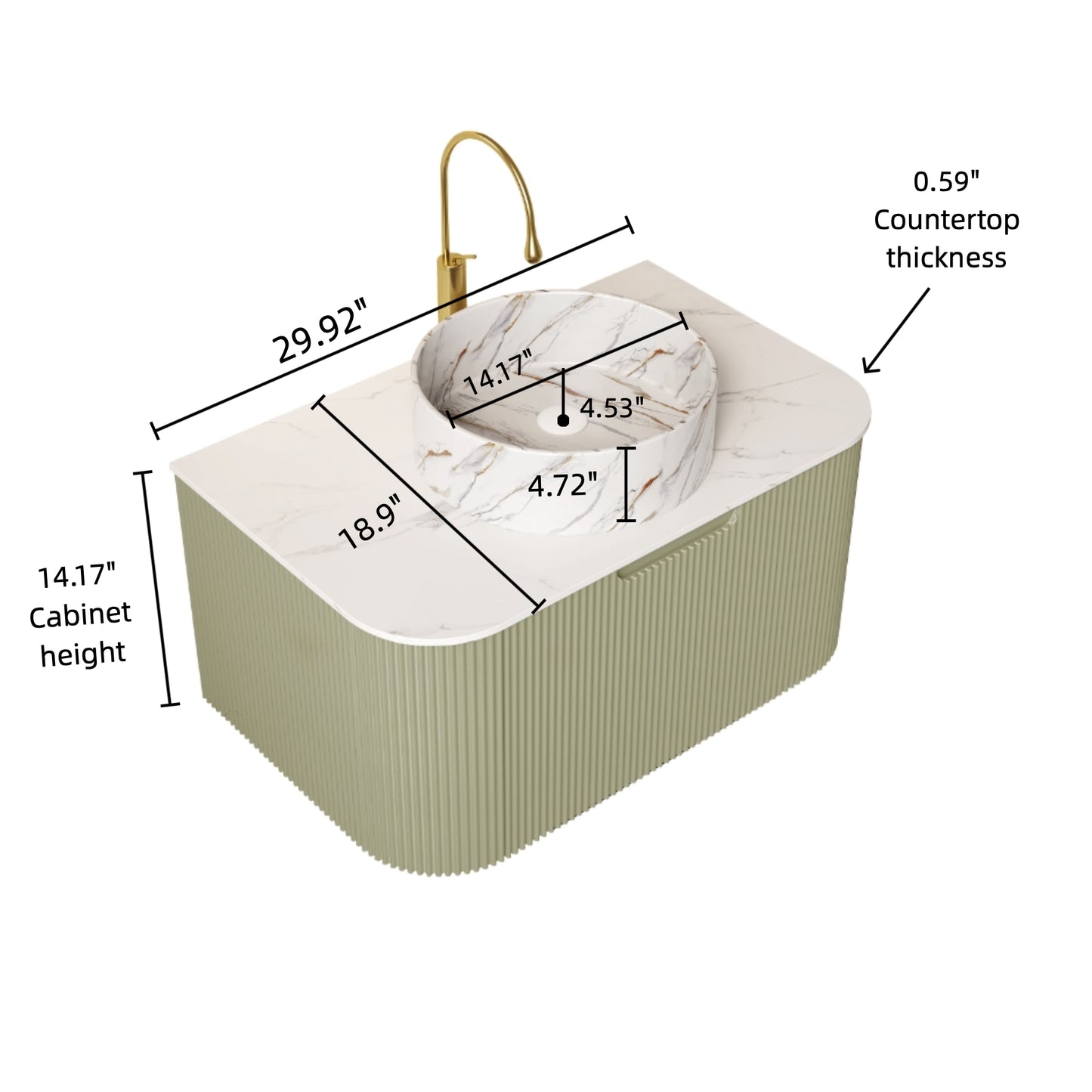 DINA 24" Bathroom Vanity with Sink, Wall-Mounted Floating Curved Edges Striped Bathroom Storage Cabinet with Drawer, White Round Ceramic Basin with Stone Pattern, Pre-assembled, Light Green Color