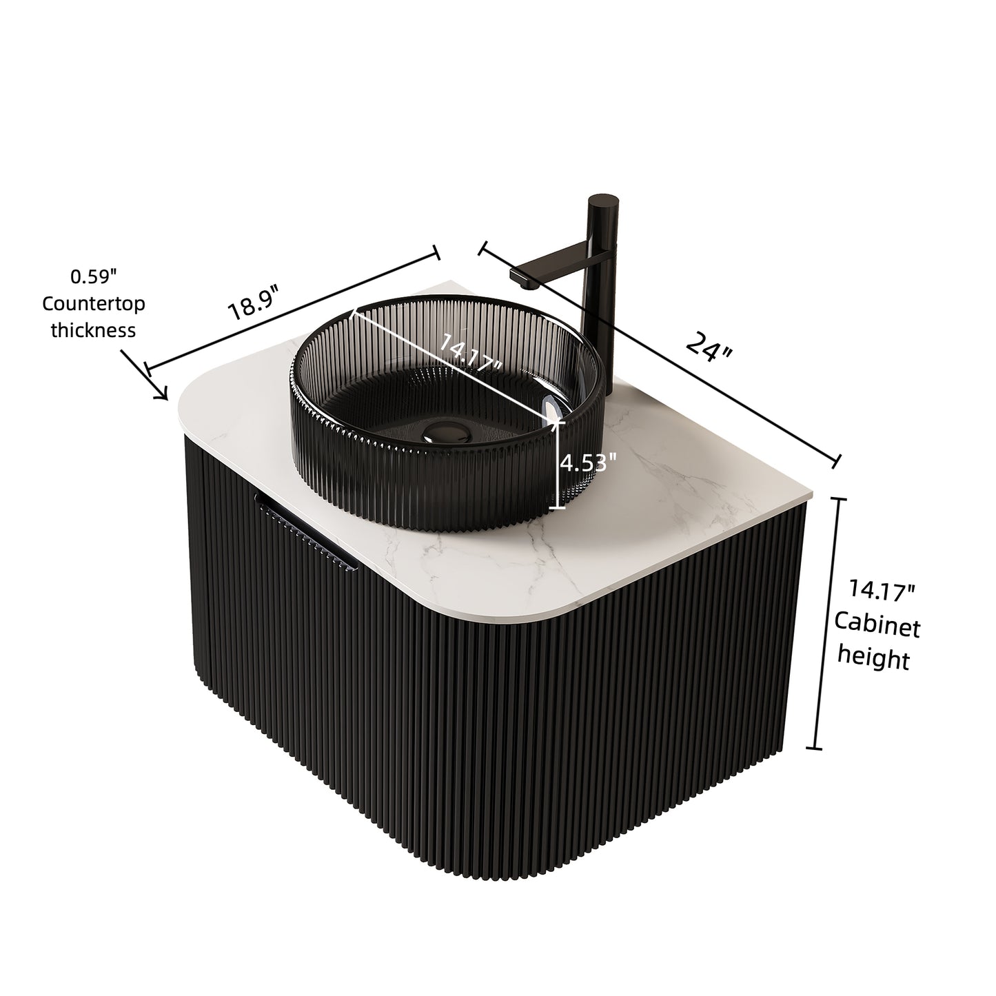 DINA 24" Bathroom Vanity with Sink, Wall-Mounted Curved Edges Striped Storage Cabinet with Drawer, Transparent Black Round Glass Basin and Countertop, Pre-assembled, Black Color