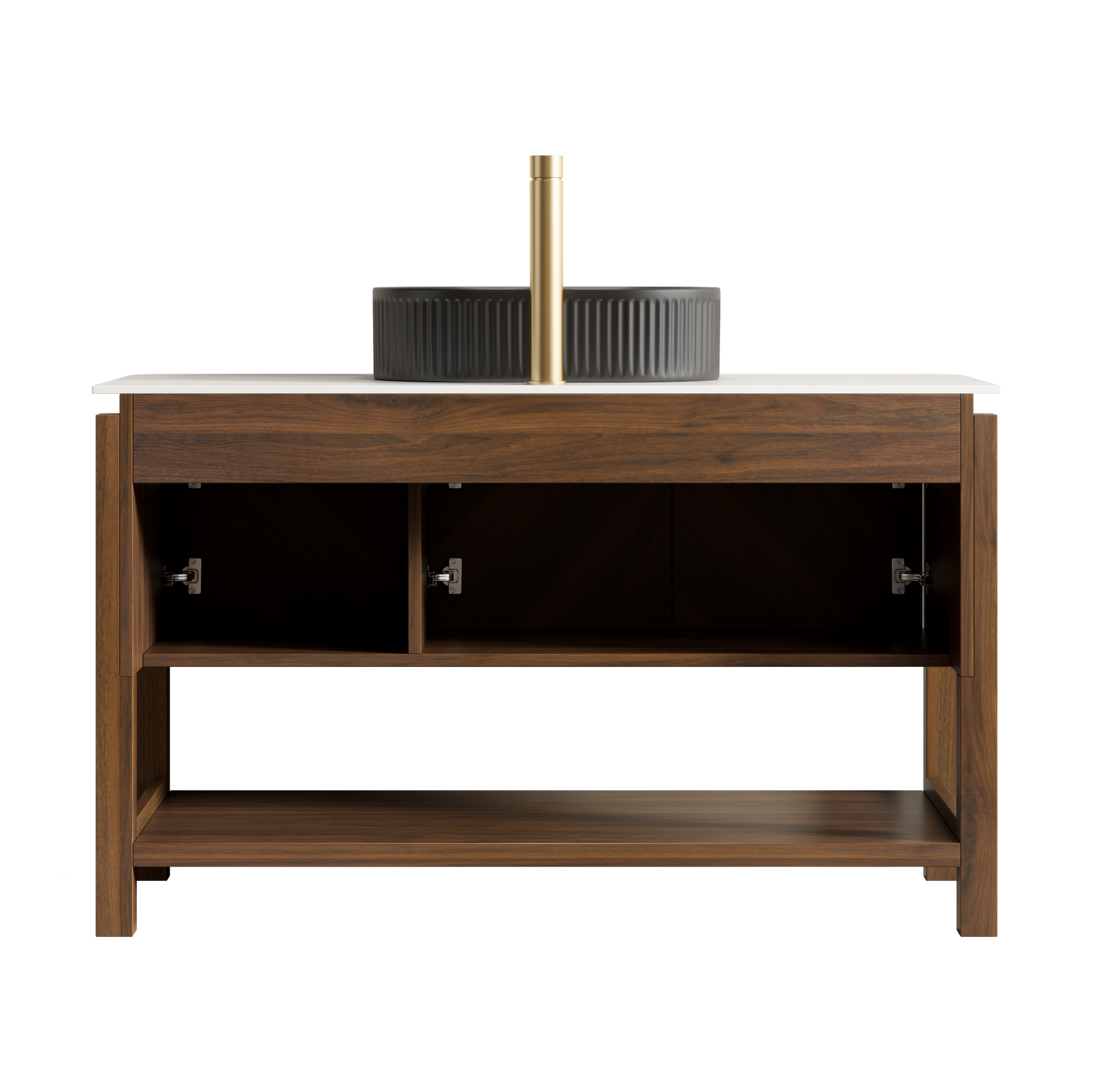 INDIGO 36" Bathroom Vanity&Sink, Freestanding Plywood Storage Cabinet with 2 Diagonal Striped Doors&Open Shelf, Black Striped Oval Ceramic Basin&Carrara White Sintered Stone Top, Dark Walnut Woodgrain