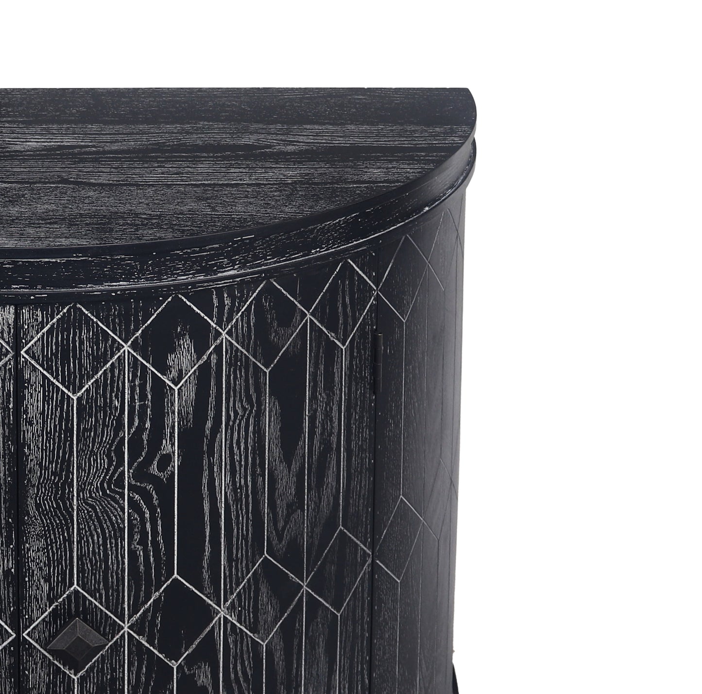 Contemporary Elegance: Black Half-moon Accent Storage Cabinet with Solid Wood Veneer. This statement piece, perfect for living spaces, features two-tiered organization with a modern touch and convenient access.