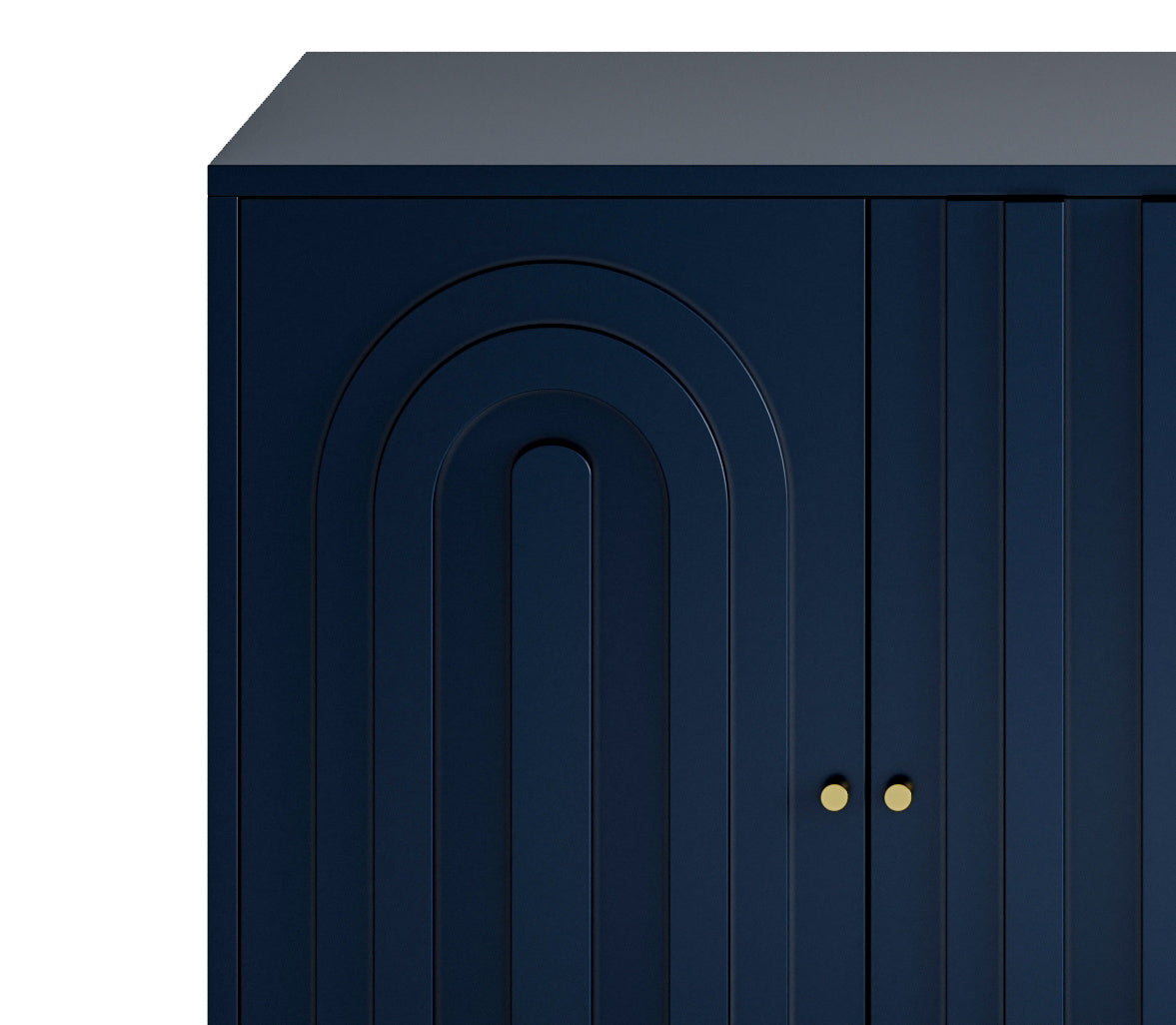 Chic Serenity: Contemporary Blue Lacquered 4-Door Wooden Cabinet - An Elegant Sideboard and Buffet Server for Multifaceted Use in the Living Room, Entryway, Office, Kitchen, and Dining Area.