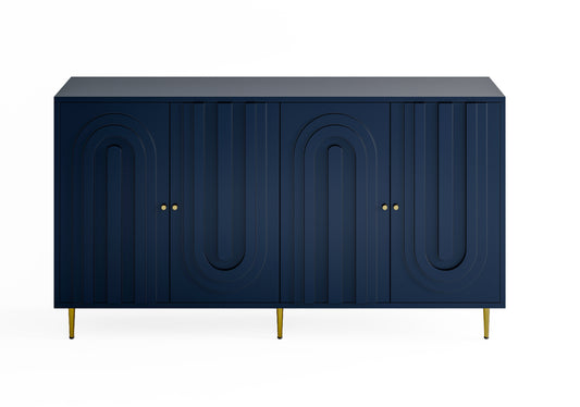 Chic Serenity: Contemporary Blue Lacquered 4-Door Wooden Cabinet - An Elegant Sideboard and Buffet Server for Multifaceted Use in the Living Room, Entryway, Office, Kitchen, and Dining Area.