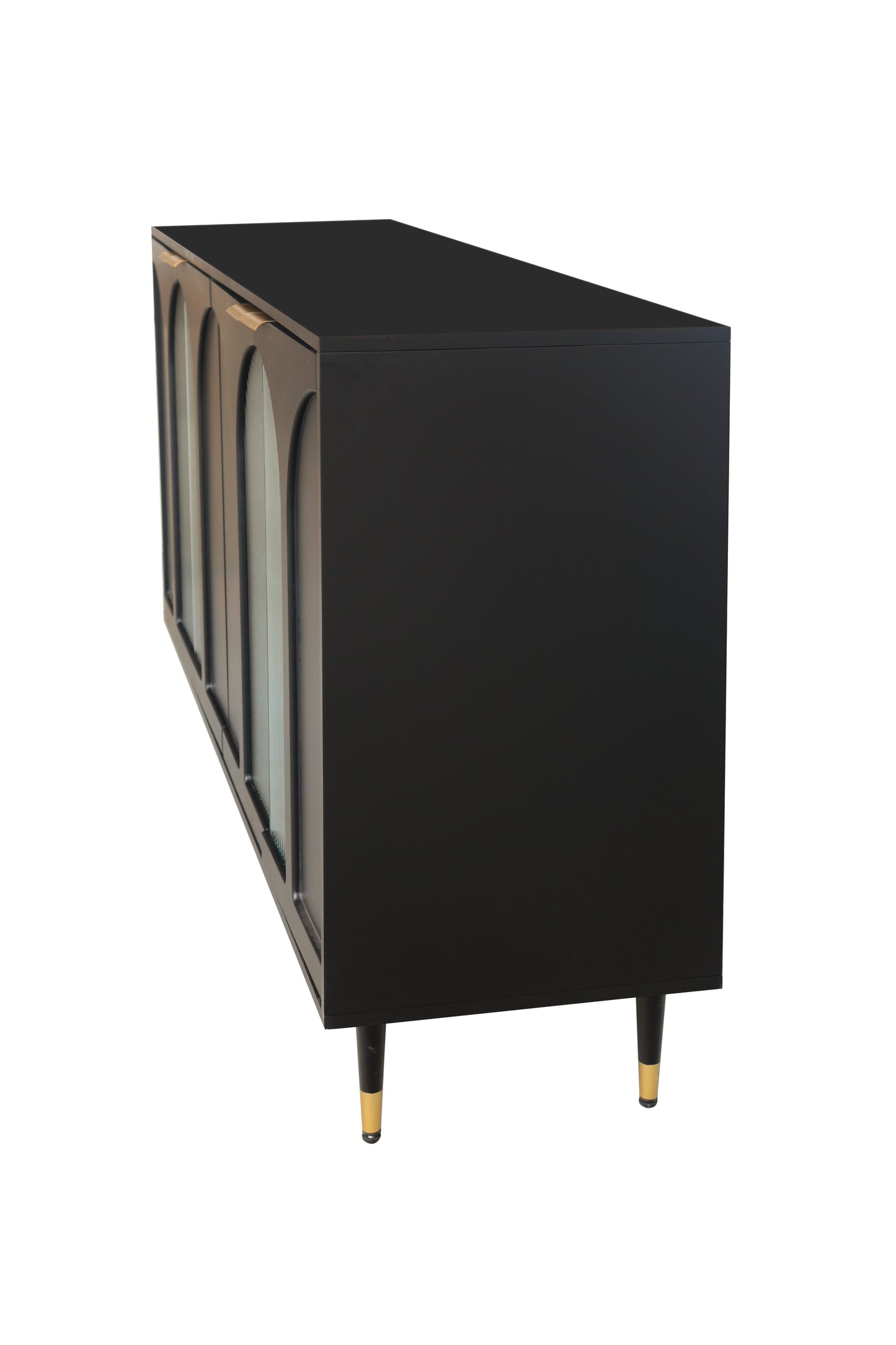 Luxurious Space Saver: Black Lacquered Wooden Accent Cabinet with Quadruple Glass Panelling, Sideboard, Buffet and Server for Enhanced Storage and Display in Living Areas, Entryways, and Culinary Spaces.