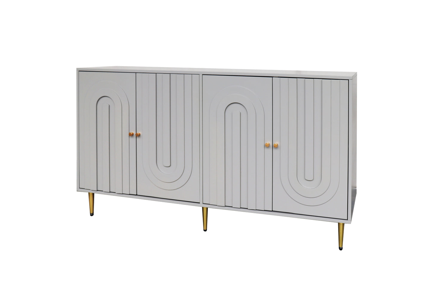 Contemporary Chic: Sleek Gray Lacquered Wooden 4-Door Cabinet, Spacious Sideboard Buffet with Modern Elegance for Versatile Use in the Living Room, Entrances, Hallways, Workspaces, and Dining Areas.