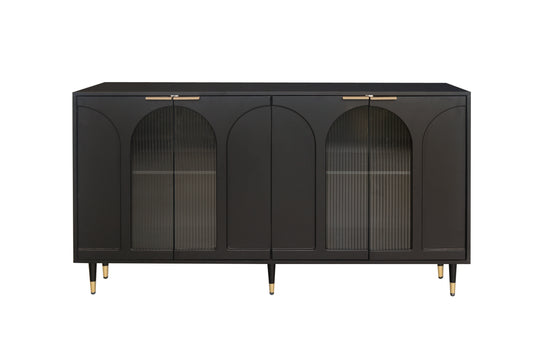 Luxurious Space Saver: Black Lacquered Wooden Accent Cabinet with Quadruple Glass Panelling, Sideboard, Buffet and Server for Enhanced Storage and Display in Living Areas, Entryways, and Culinary Spaces.