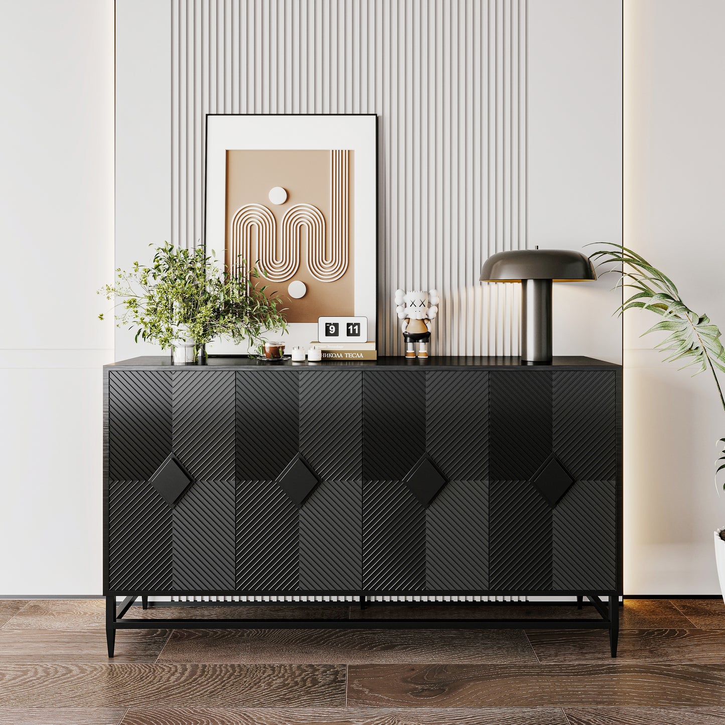 Elegant Versatility: Matte Black Lacquered Accent Cabinet with Four Doors, Spacious Sideboard and Buffet Server for Stylish Storage in Living Rooms, Entryways, Offices, and Dining Spaces.