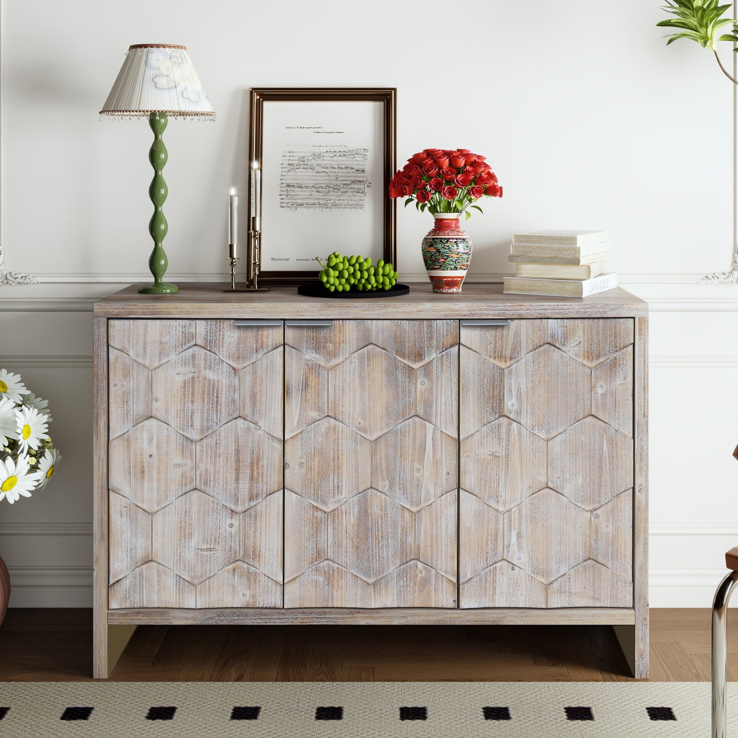 Countryside Elegance 3-Door Buffet Sideboard – Sophisticated Storage with Natural Wood Grain for Contemporary Homes