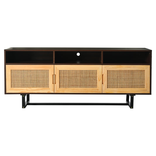 Retro Rattan TV Stand 3-door Media Console with Open Shelves for TV Stand under 75''(Walnut)