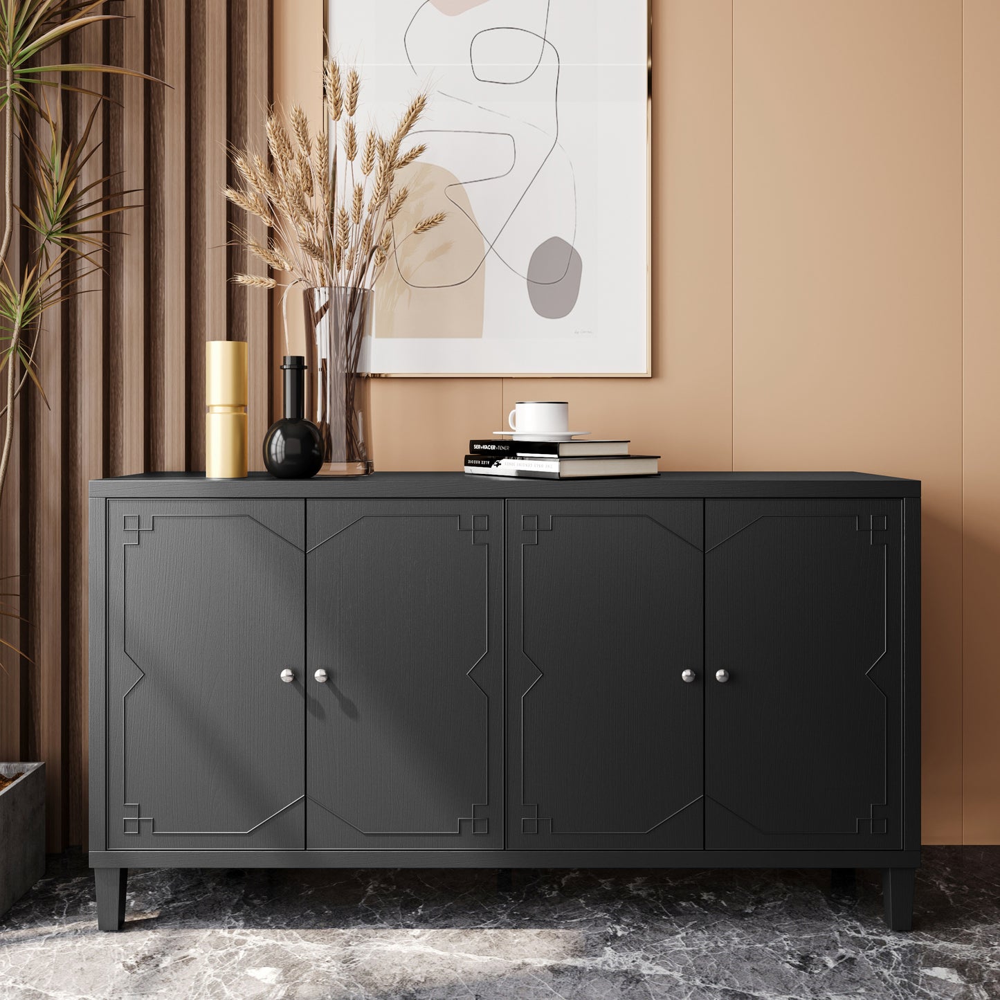 Refined Countryside Charm: The Signature 4-Door Accent Wooden Cabinet – Spacious and Stylish Storage Sideboard with Distressed Black Finish; Perfect for Any Room, From Living Space to Dining Area.