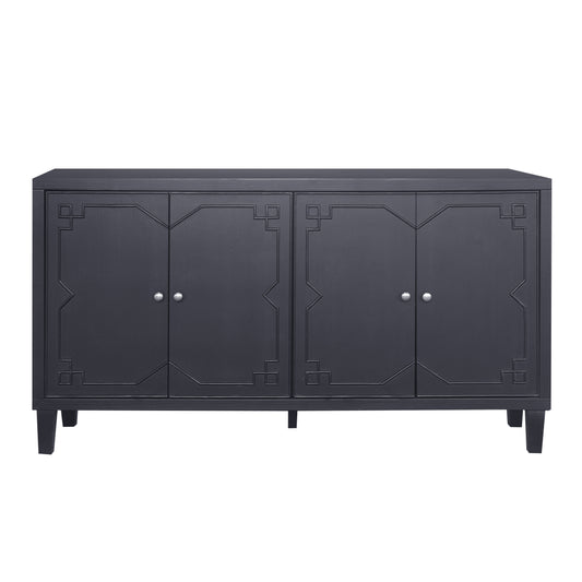 Refined Countryside Charm: The Signature 4-Door Accent Wooden Cabinet – Spacious and Stylish Storage Sideboard with Distressed Black Finish; Perfect for Any Room, From Living Space to Dining Area.
