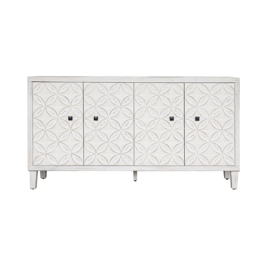 Elegant Essence: The White-Washed Serenity Cabinet. Designed to blend seamlessly in any room, this four-door wooden accent piece offering ample storage. Ideal for harmonizing with various interiors, it serves both a functional and decorative purpose
