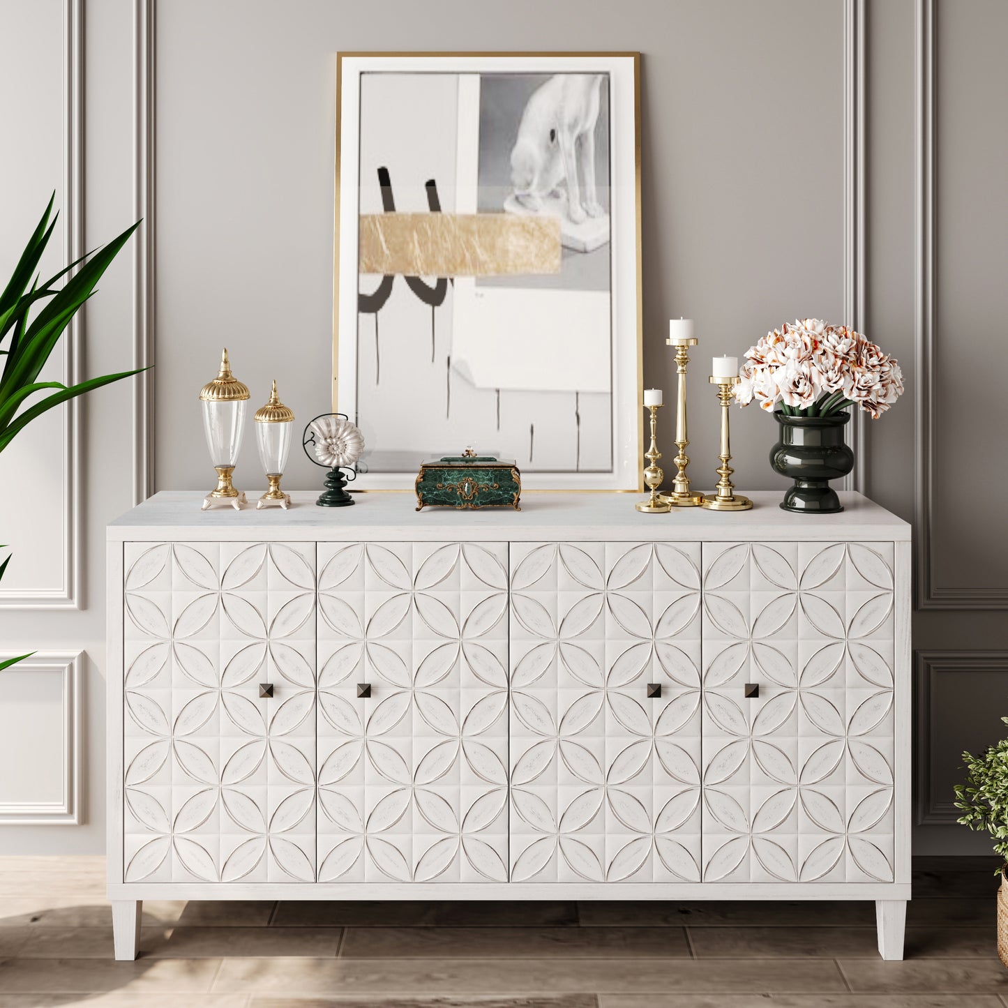 Elegant Essence: The White-Washed Serenity Cabinet. Designed to blend seamlessly in any room, this four-door wooden accent piece offering ample storage. Ideal for harmonizing with various interiors, it serves both a functional and decorative purpose