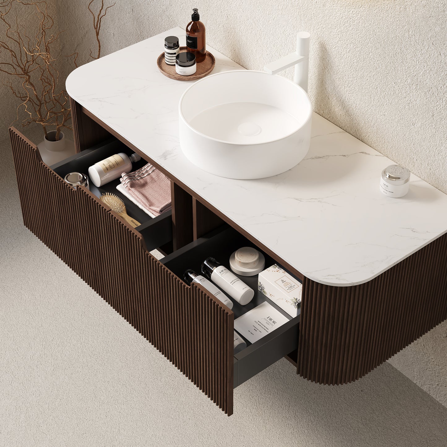 DINA Bathroom Vanity with Sink, Wall-Mounted Curved Edges Striped Bathroom Storage Cabinet Walnut Woodgrain Color