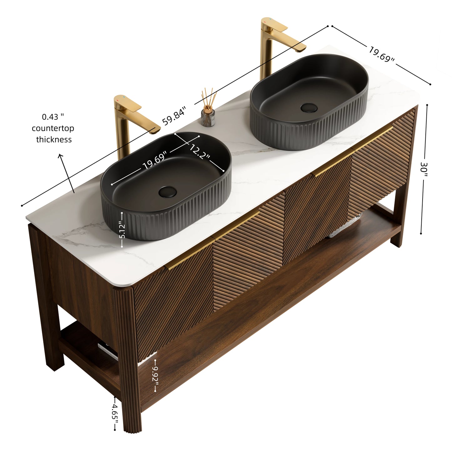 INDIGO 36" Bathroom Vanity&Sink, Freestanding Plywood Storage Cabinet with 2 Diagonal Striped Doors&Open Shelf, Black Striped Oval Ceramic Basin&Carrara White Sintered Stone Top, Dark Walnut Woodgrain
