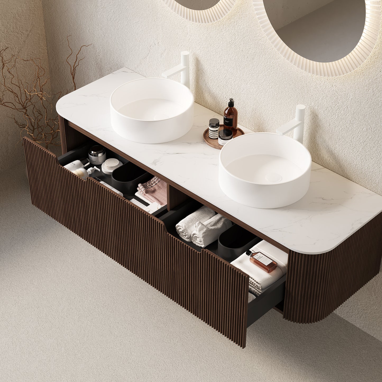 DINA Bathroom Vanity with Sink, Wall-Mounted Curved Edges Striped Bathroom Storage Cabinet Walnut Woodgrain Color