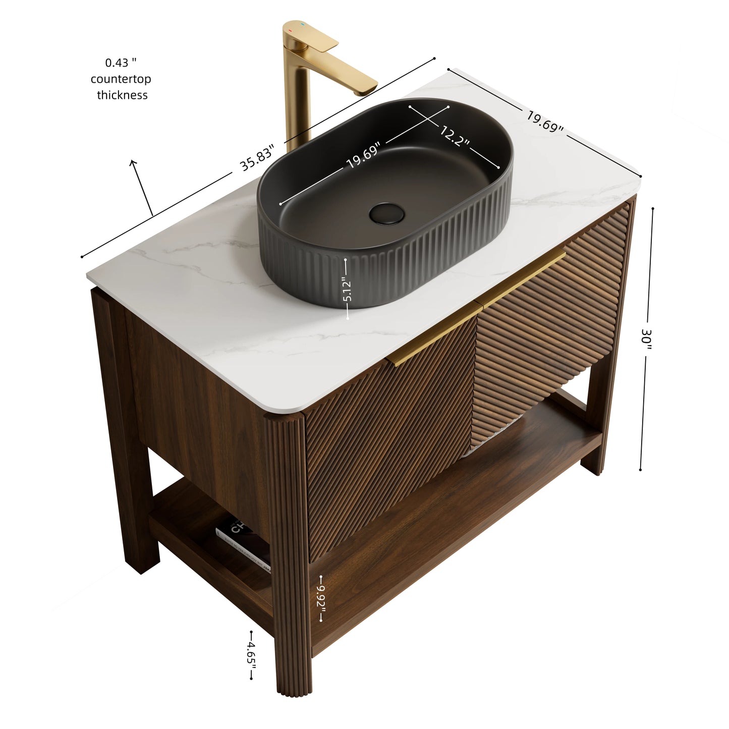 INDIGO 36" Bathroom Vanity&Sink, Freestanding Plywood Storage Cabinet with 2 Diagonal Striped Doors&Open Shelf, Black Striped Oval Ceramic Basin&Carrara White Sintered Stone Top, Dark Walnut Woodgrain