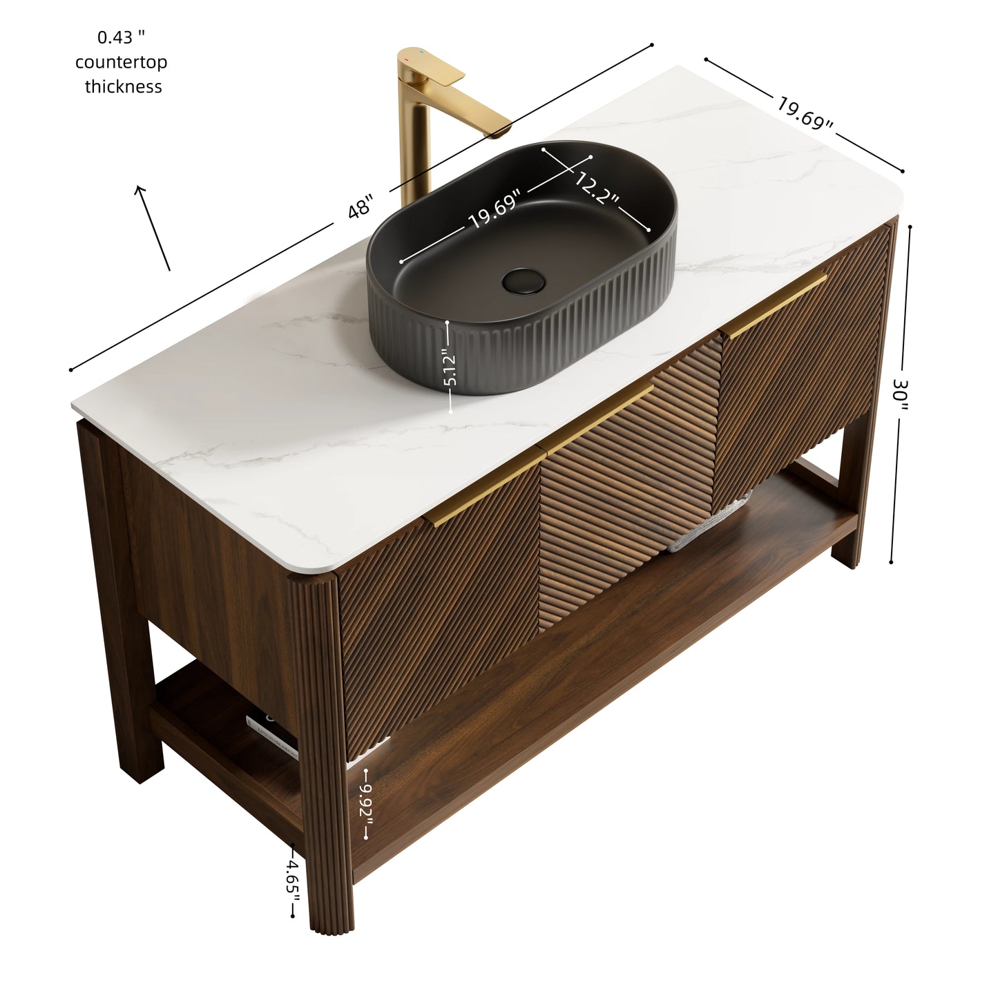 INDIGO 36" Bathroom Vanity&Sink, Freestanding Plywood Storage Cabinet with 2 Diagonal Striped Doors&Open Shelf, Black Striped Oval Ceramic Basin&Carrara White Sintered Stone Top, Dark Walnut Woodgrain