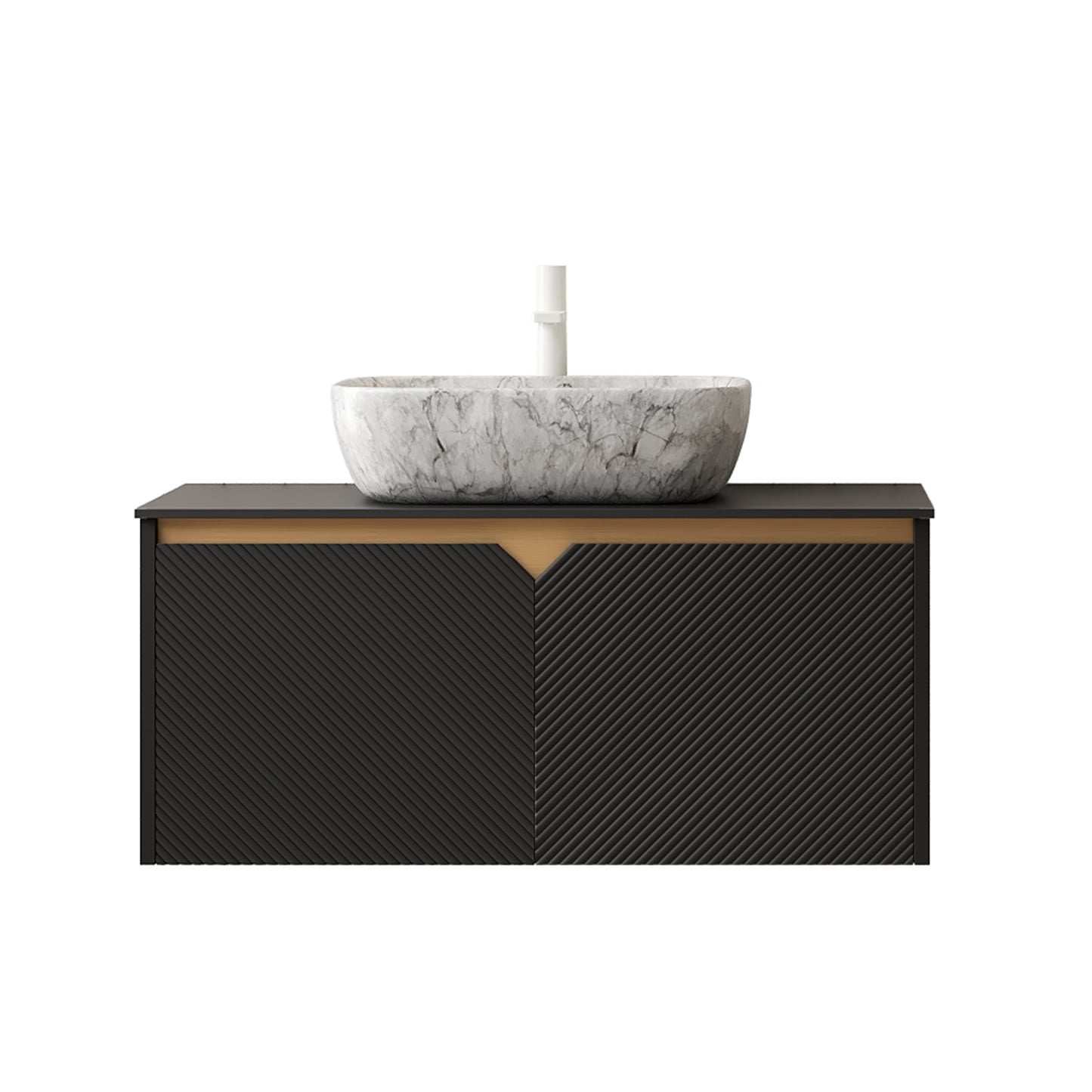 RUBEN 36" Bathroom Vanity&Sink, Wall-Mounted Floating Plywood Storage Cabinet, Twill Double Doors with Metal Trim, Transparent Black Round Glass Basin&Black Sintered Stone Top, Black