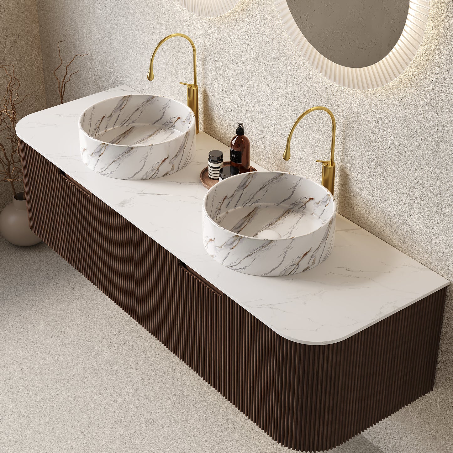 DINA Bathroom Vanity with Sink, Wall-Mounted Curved Edges Striped Bathroom Storage Cabinet Walnut Woodgrain Color
