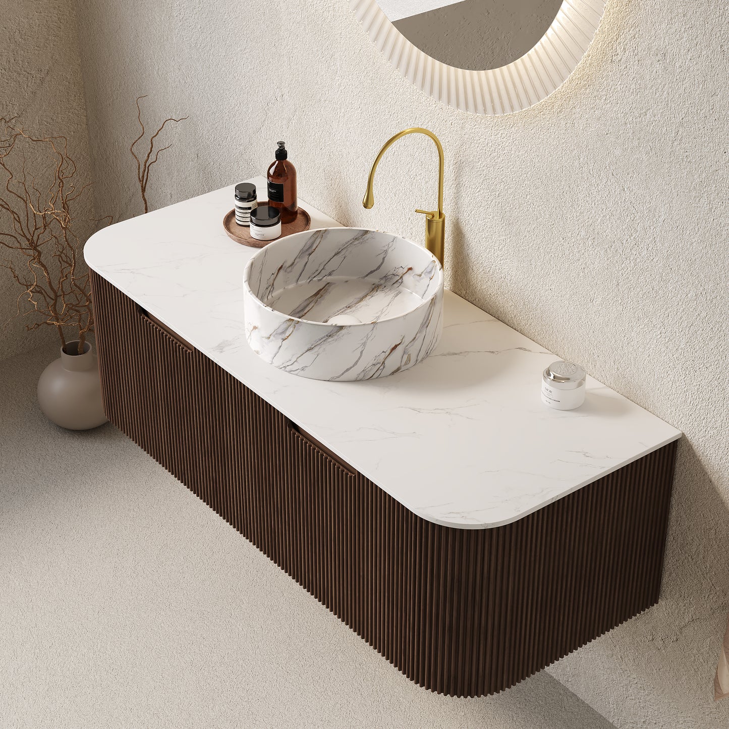 DINA Bathroom Vanity with Sink, Wall-Mounted Curved Edges Striped Bathroom Storage Cabinet Walnut Woodgrain Color