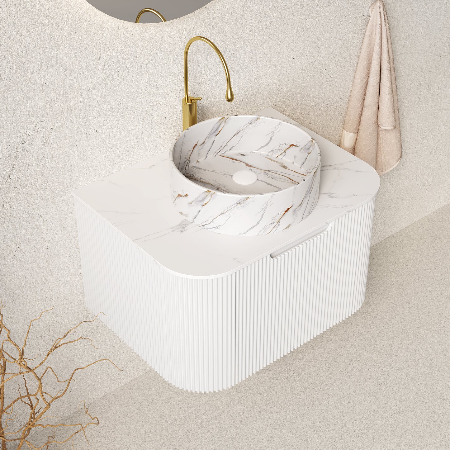 DINA Bathroom Vanity&Sink, Floating Curved Edges Striped Plywood Storage Bathroom Cabinet,White