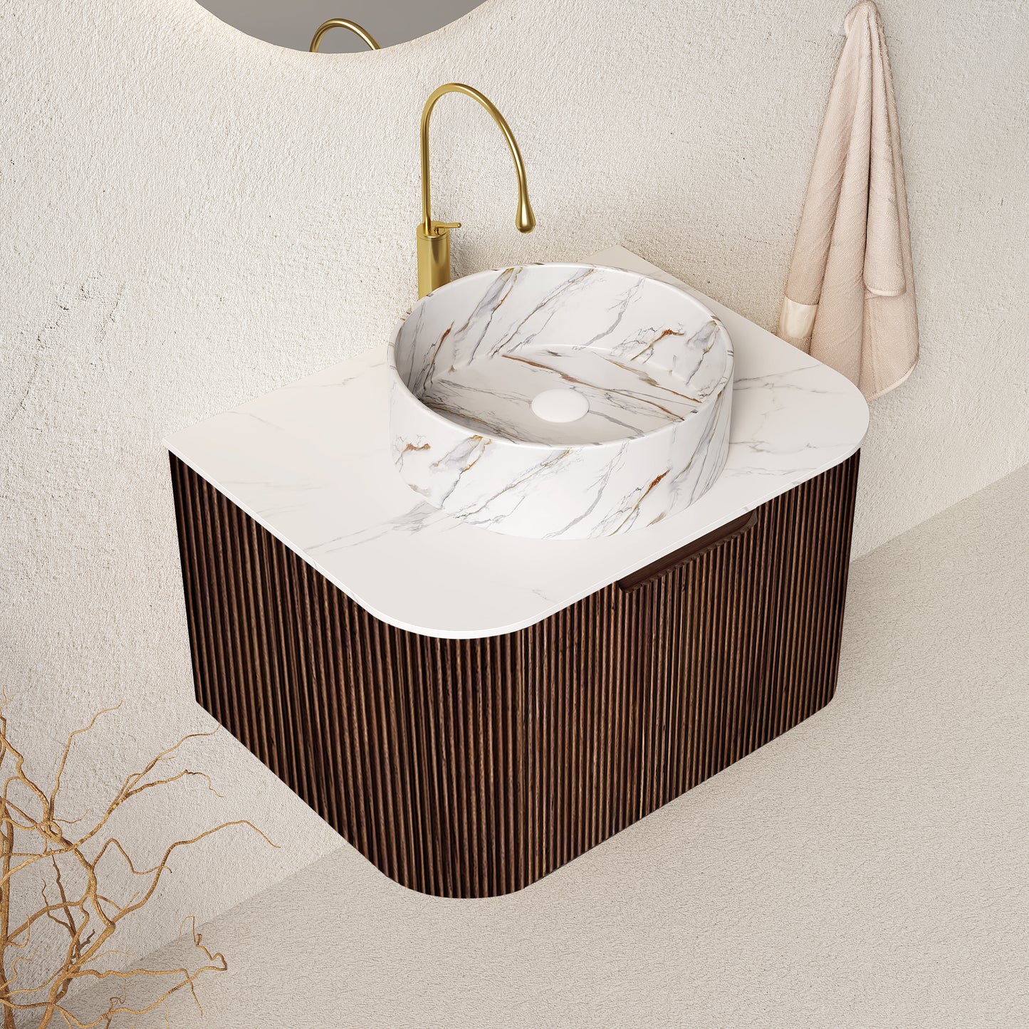 DINA Bathroom Vanity with Sink, Wall-Mounted Curved Edges Striped Bathroom Storage Cabinet Walnut Woodgrain Color