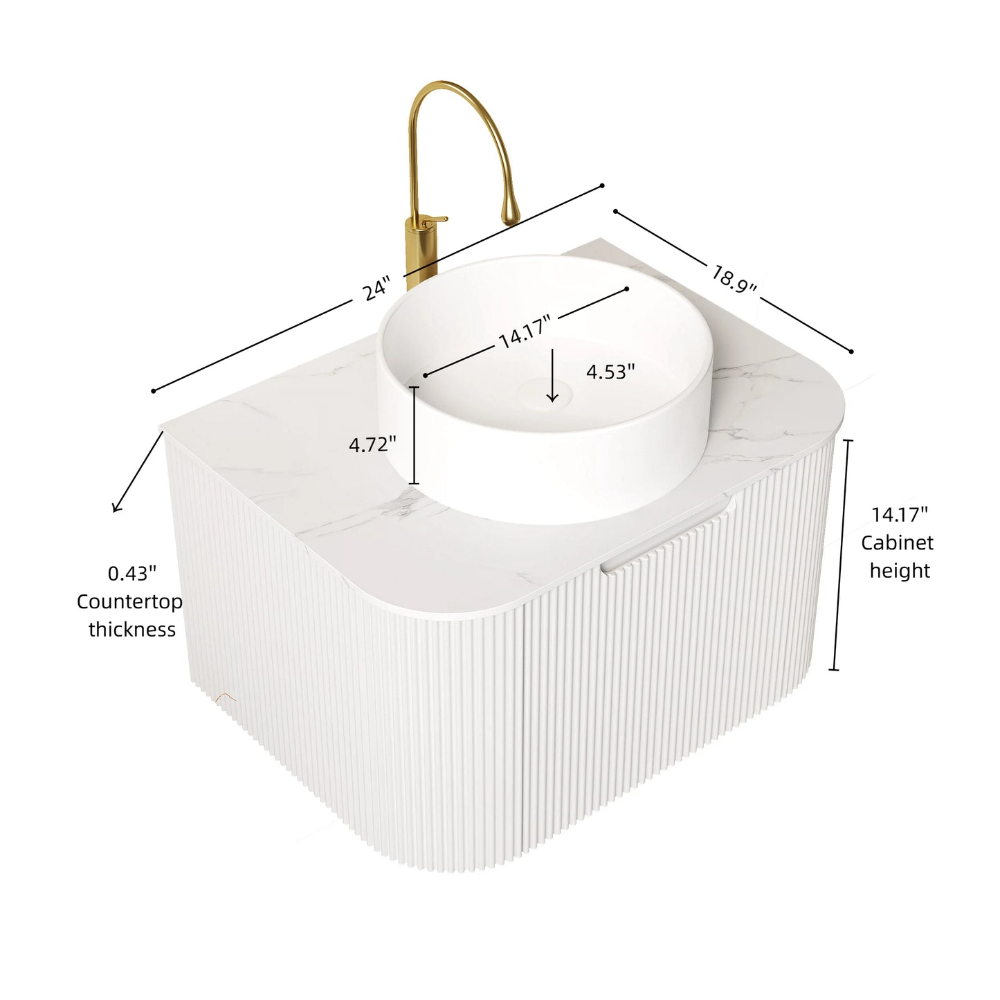 DINA 24" Bathroom Vanity&Sink, Floating Curved Edges Striped Plywood Storage Bathroom Cabinet with Drawer, White Round Ceramic Basin& Carrara White Sintered Stone Top, Pre-assembled, White (New SKU)