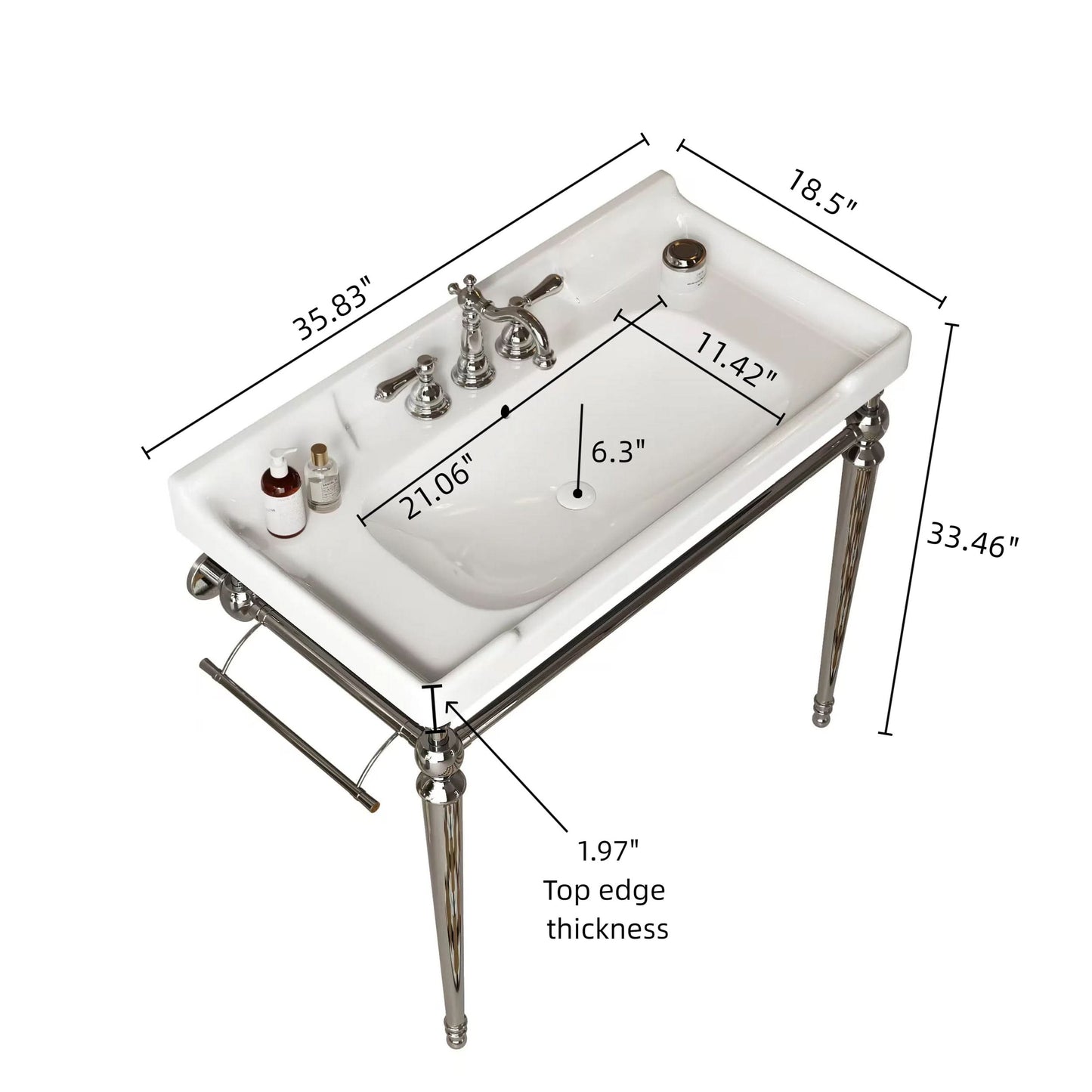 VICI 36" Bathroom Console Sink, Wall-Mounted White Ceramic Vanity Basin with 3 Pre-drilled Faucet Holes, Freestanding Stainless Steel Support Legs with Towel Bar