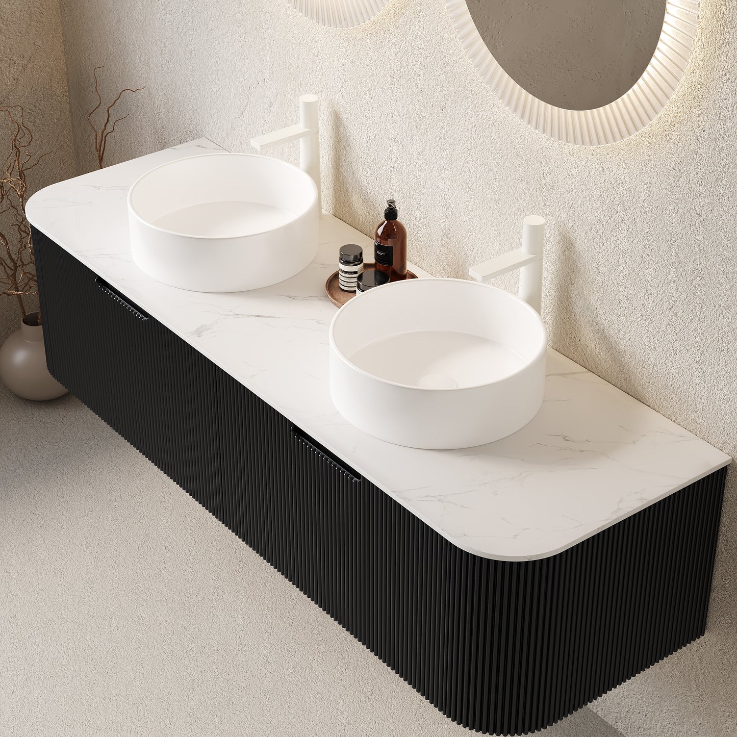 DINA Bathroom Vanity with Sink, Wall-Mounted Curved Edges Striped Storage Cabinet Black Color