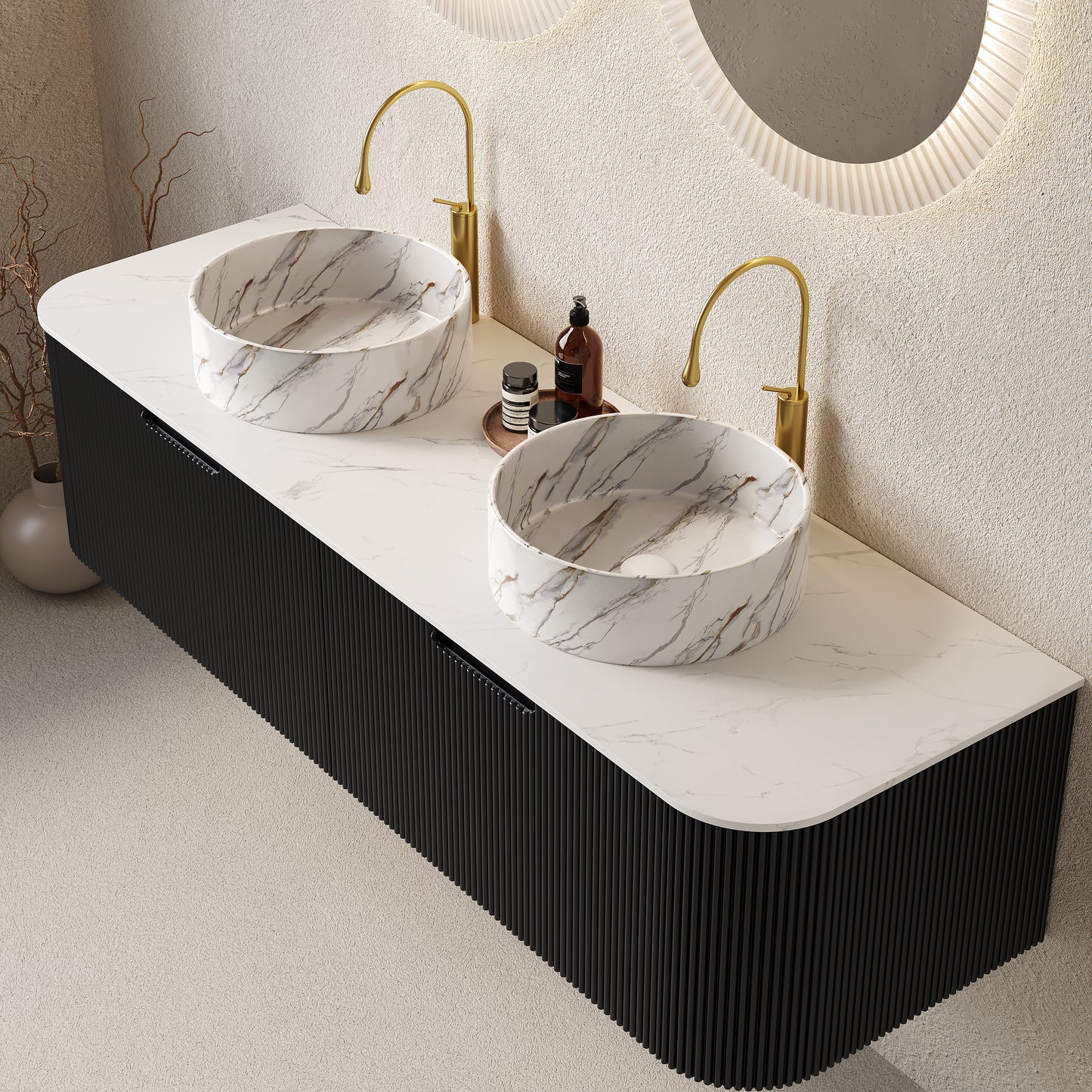 DINA Bathroom Vanity with Sink, Wall-Mounted Curved Edges Striped Storage Cabinet Black Color