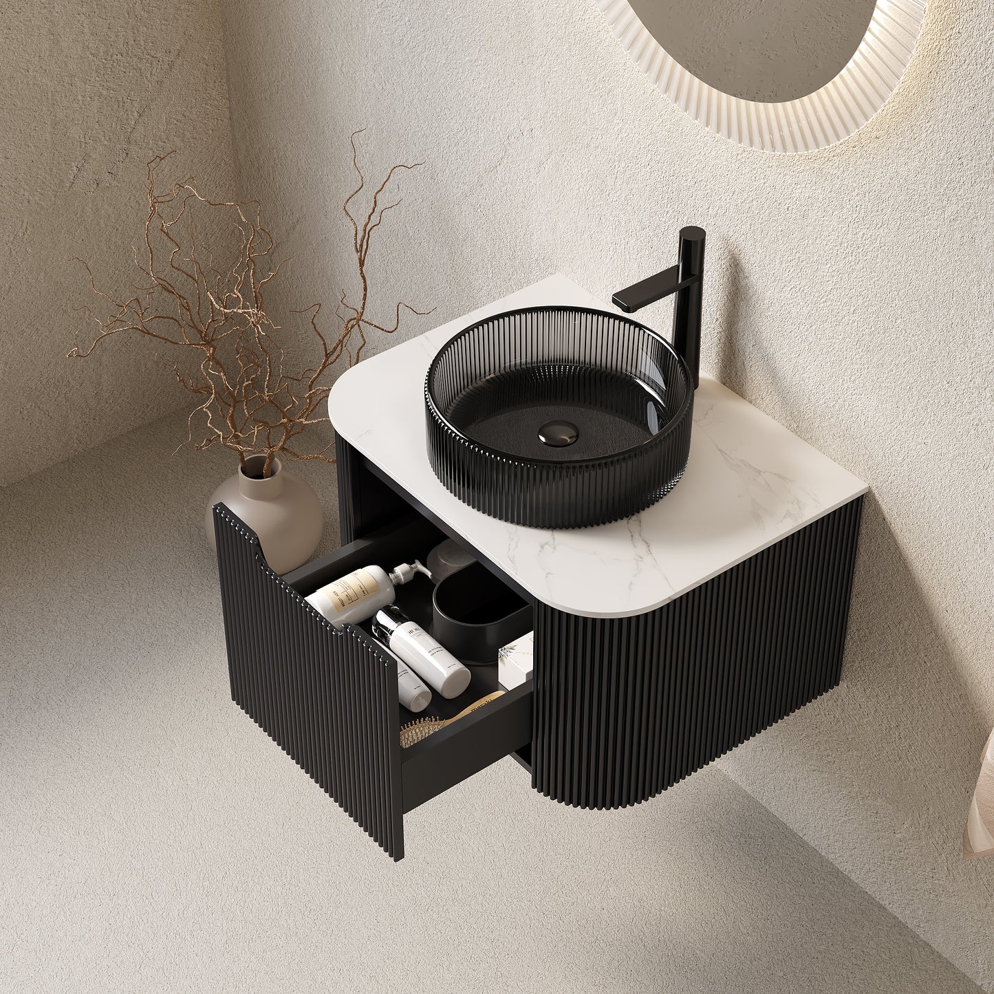 DINA 24" Bathroom Vanity with Sink, Wall-Mounted Curved Edges Striped Storage Cabinet with Drawer, Transparent Black Round Glass Basin and Countertop, Pre-assembled, Black Color