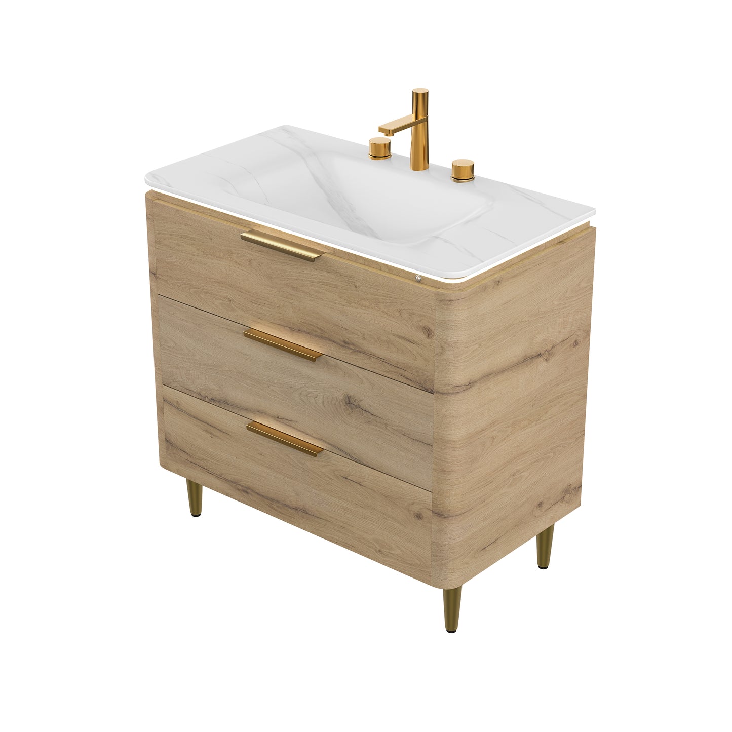 AMARA 36'' Bathroom Vanity with Sink, Freestanding Curved Edges Plywood Bathroom Storage Cabinet with 3 Drawers, Carrara White Sintered Stone Integrated Basin,
