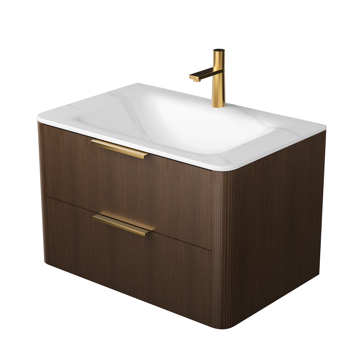 ZANE 30 Badezimmer-Waschtisch mit Waschbecken, schwebender Aufbewahrungsschrank aus Sperrholz mit ultra-Nadelstreifen und Schubladen, italienische Walnussholzmaserung